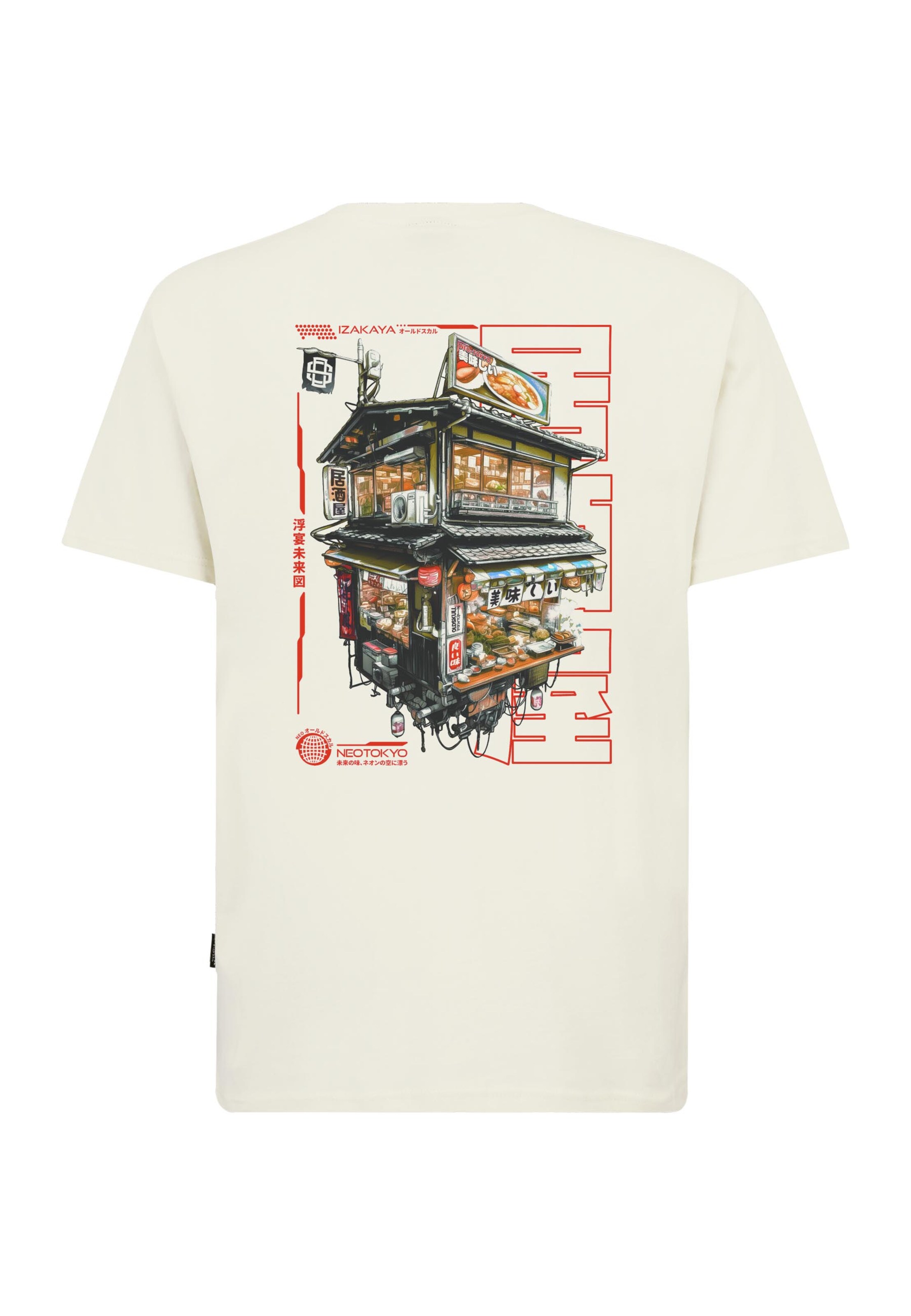 Oldskull Shirt 'Asian Neo Tokyo Floating Izakaya Graphic' in White: front
