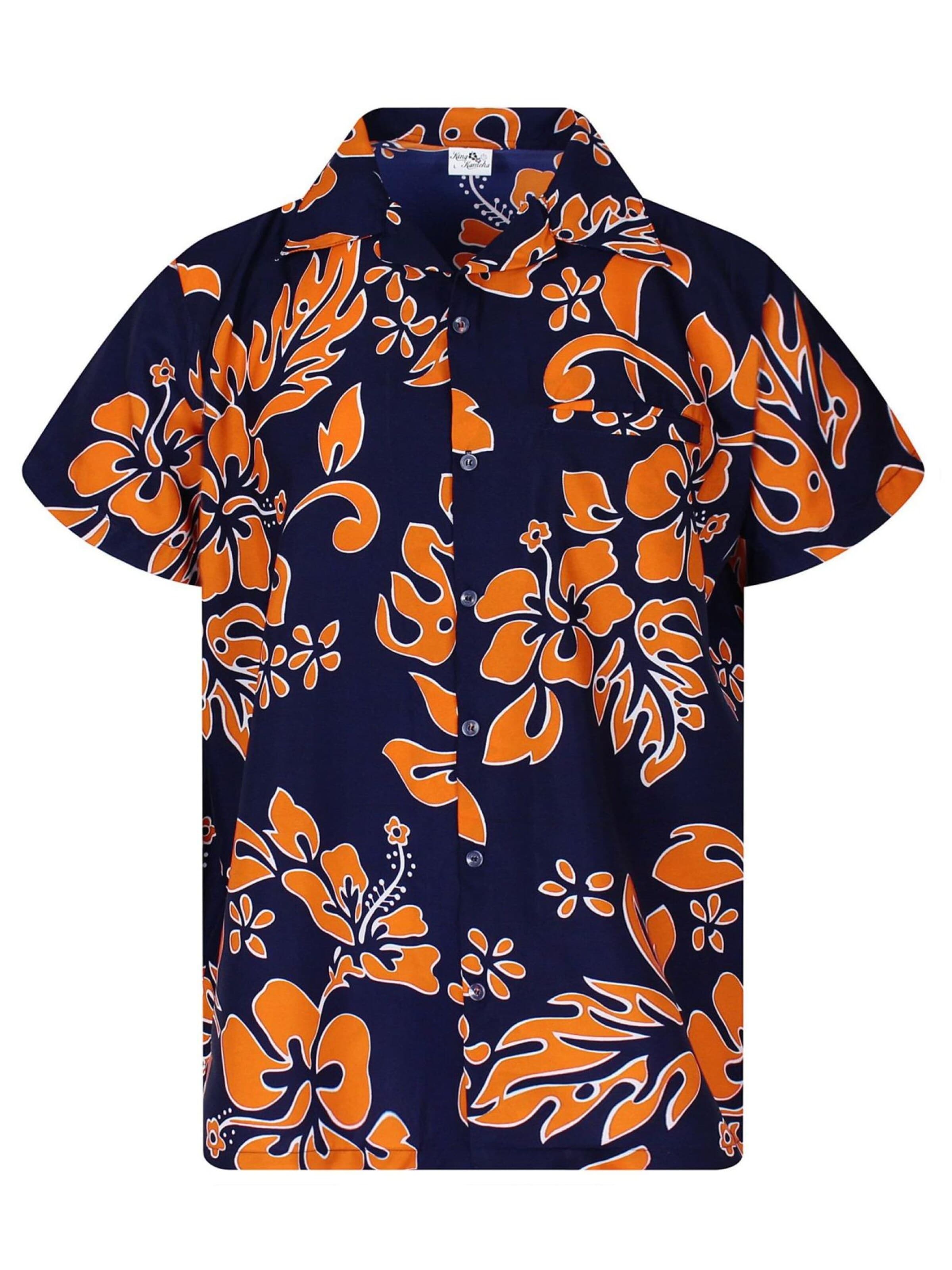 King Kameha Shirt 'Hibiscus Blue Line' in Oranje: voorkant