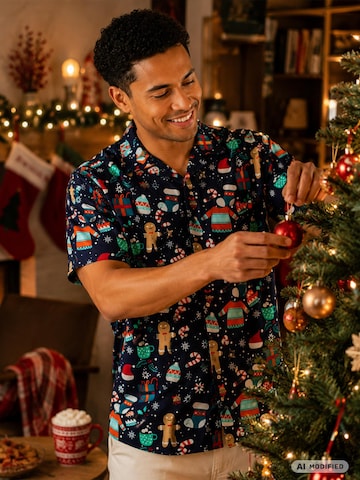 King Kameha Regular Fit Hemd 'Christmas Gingerbread'‌‌‌‌‌ in Blau