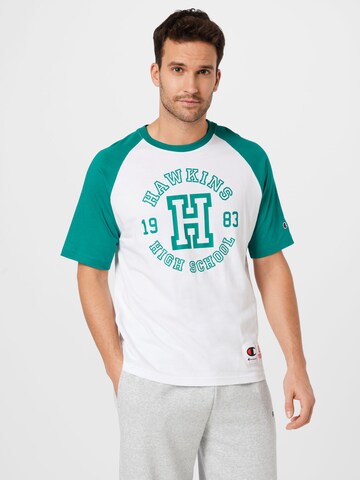 Champion Authentic Athletic Apparel - Camisa 'X Stranger Things' em branco: frente