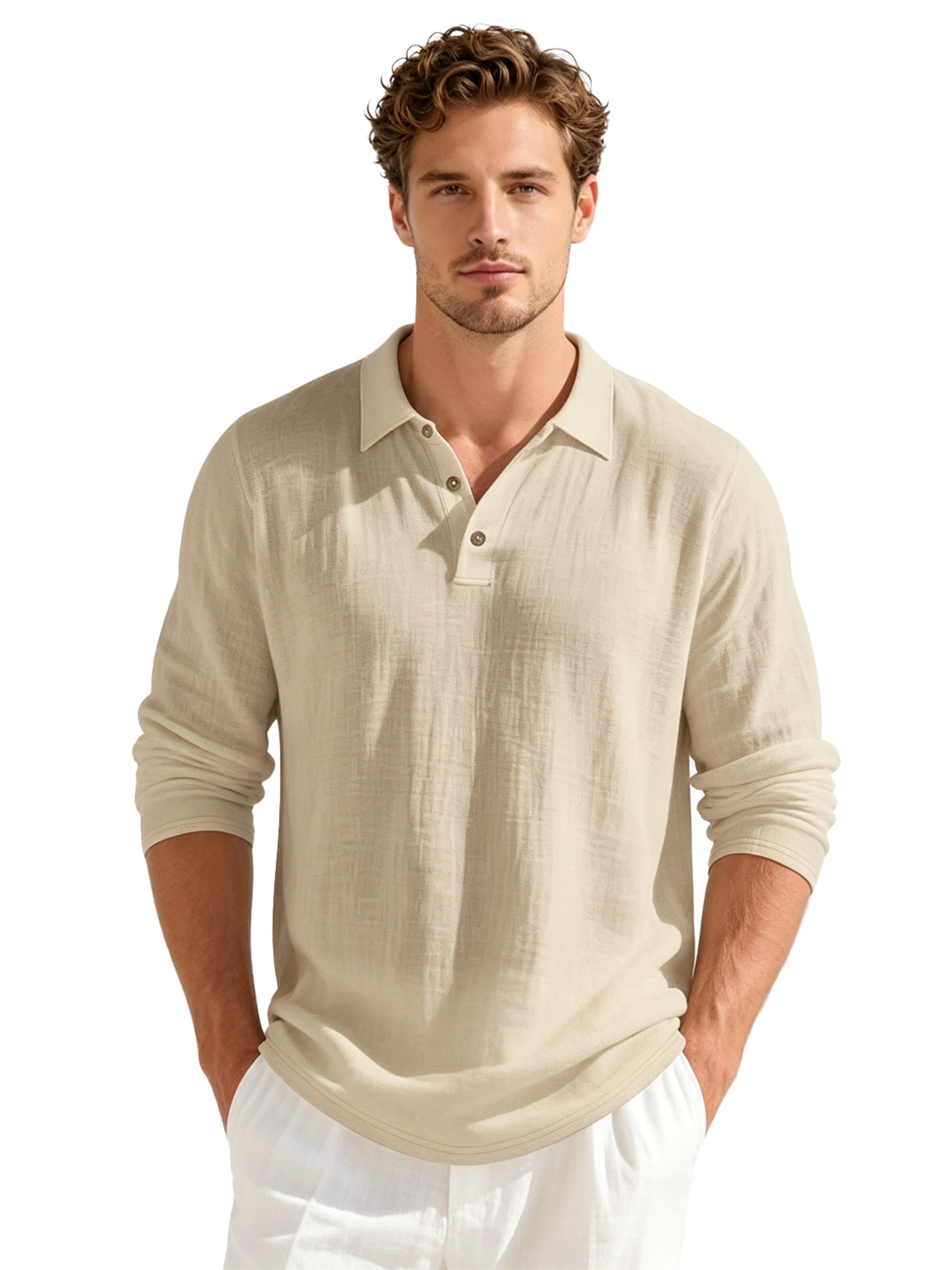 KoJooin Shirt 'Herren Langarm Polo-Shirt – Lockerer Schnitt, Komfortabler Casual-Look' in Beige: front