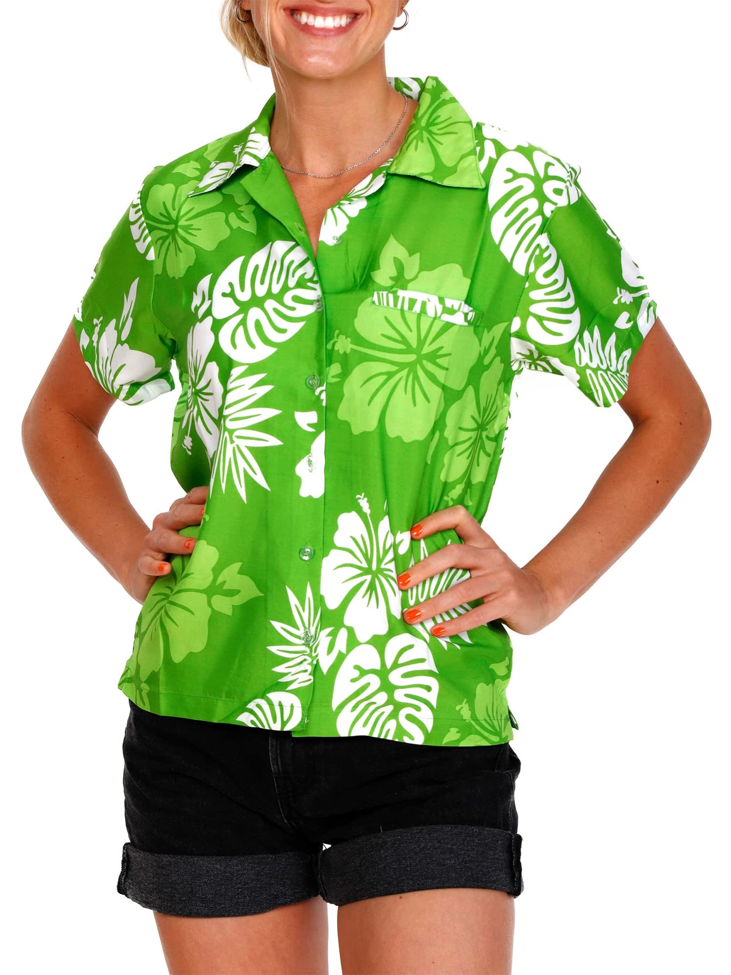 Camicia da donna 'Mono Hibiscus' di King Kameha in verde: frontale