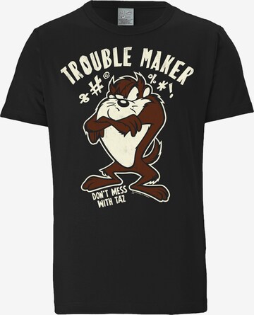 LOGOSHIRT Shirt 'Looney Tunes - Taz, Trouble Maker' in Zwart: voorkant