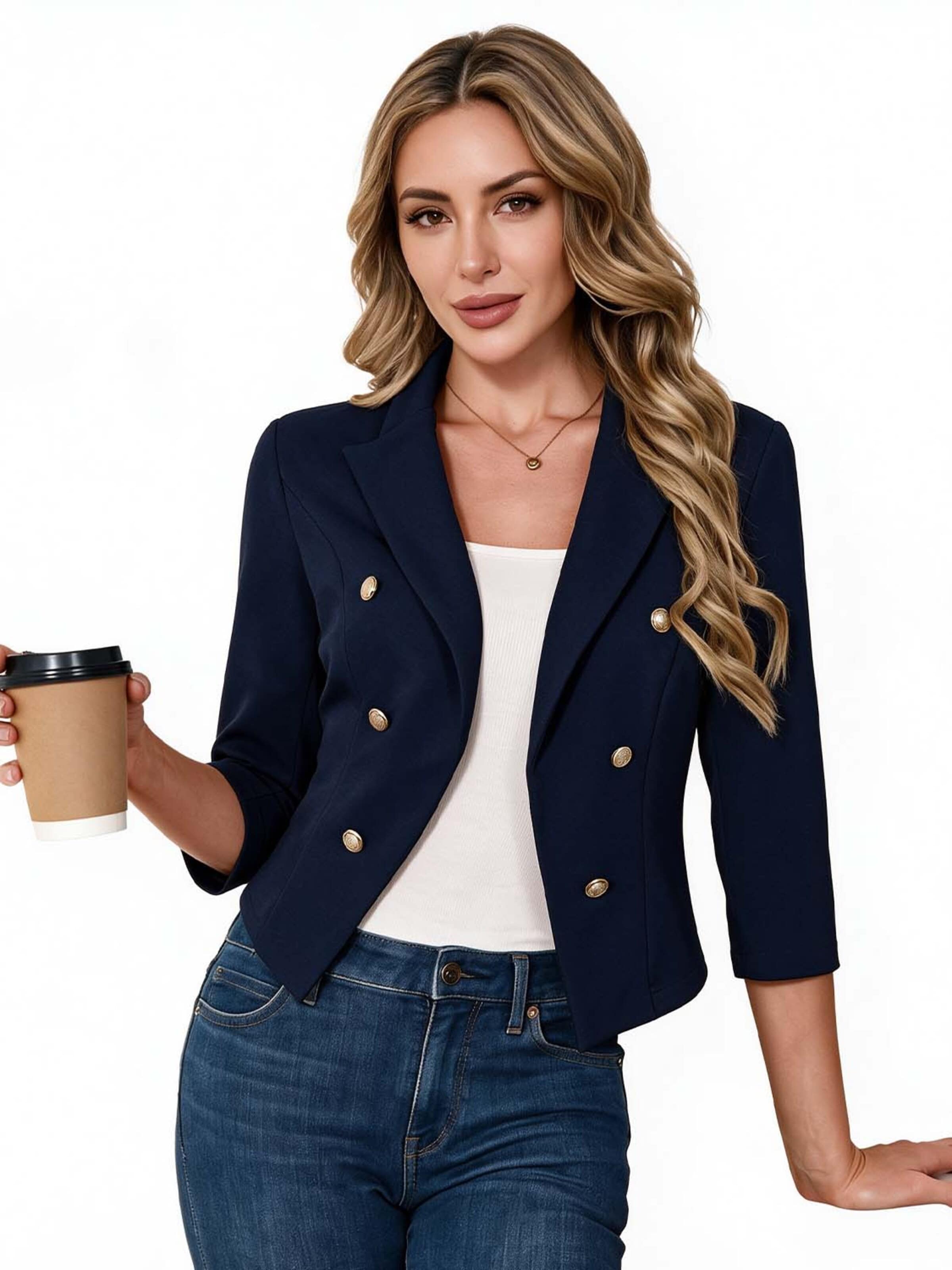 KoJooin Marynarka 'Damen Business-Blazer mit spitzem Reverskragen Metallknöpfen: 3/4-Ärmel,offene Knopfleiste perfekt' w kolorze niebieski
