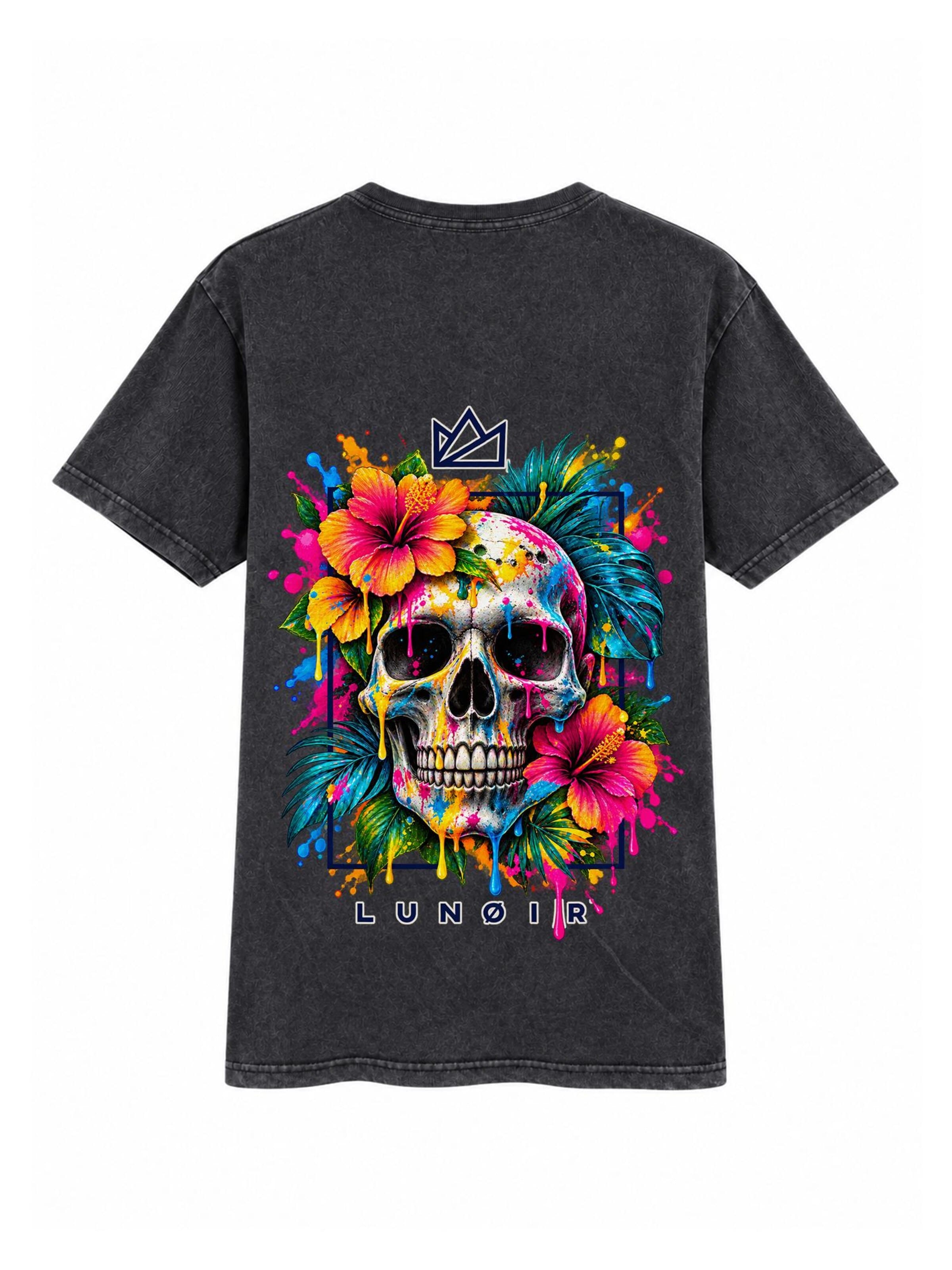 LUNØIR Studio Póló 'Tropical Riot – Bloom Skull' - fekete: elől
