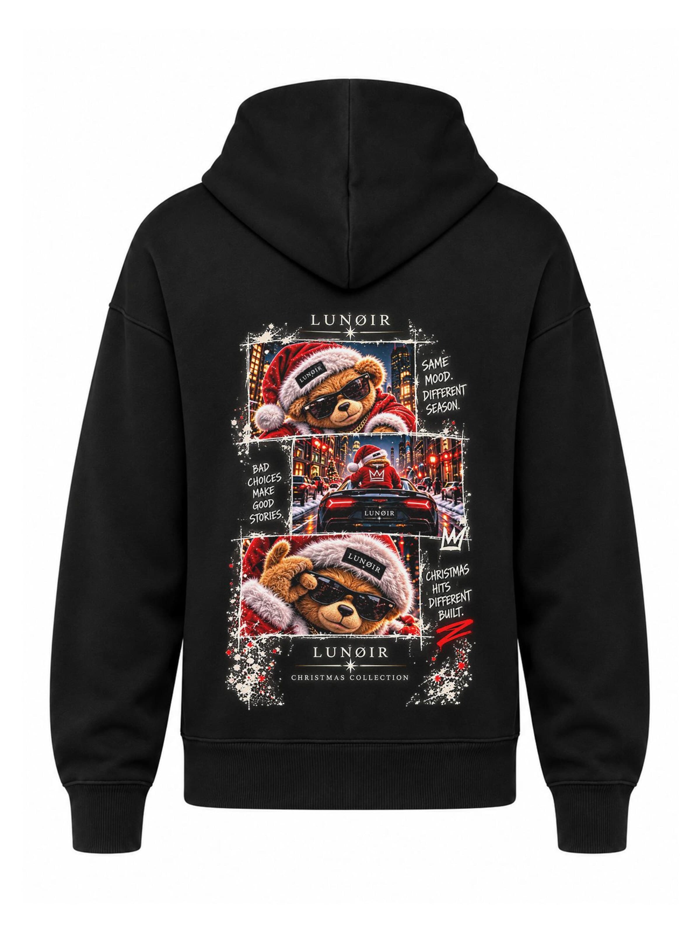LUNØIR StudioSweater majica 'Too Cool Christmas Teddy' - crna boja: prednji dio