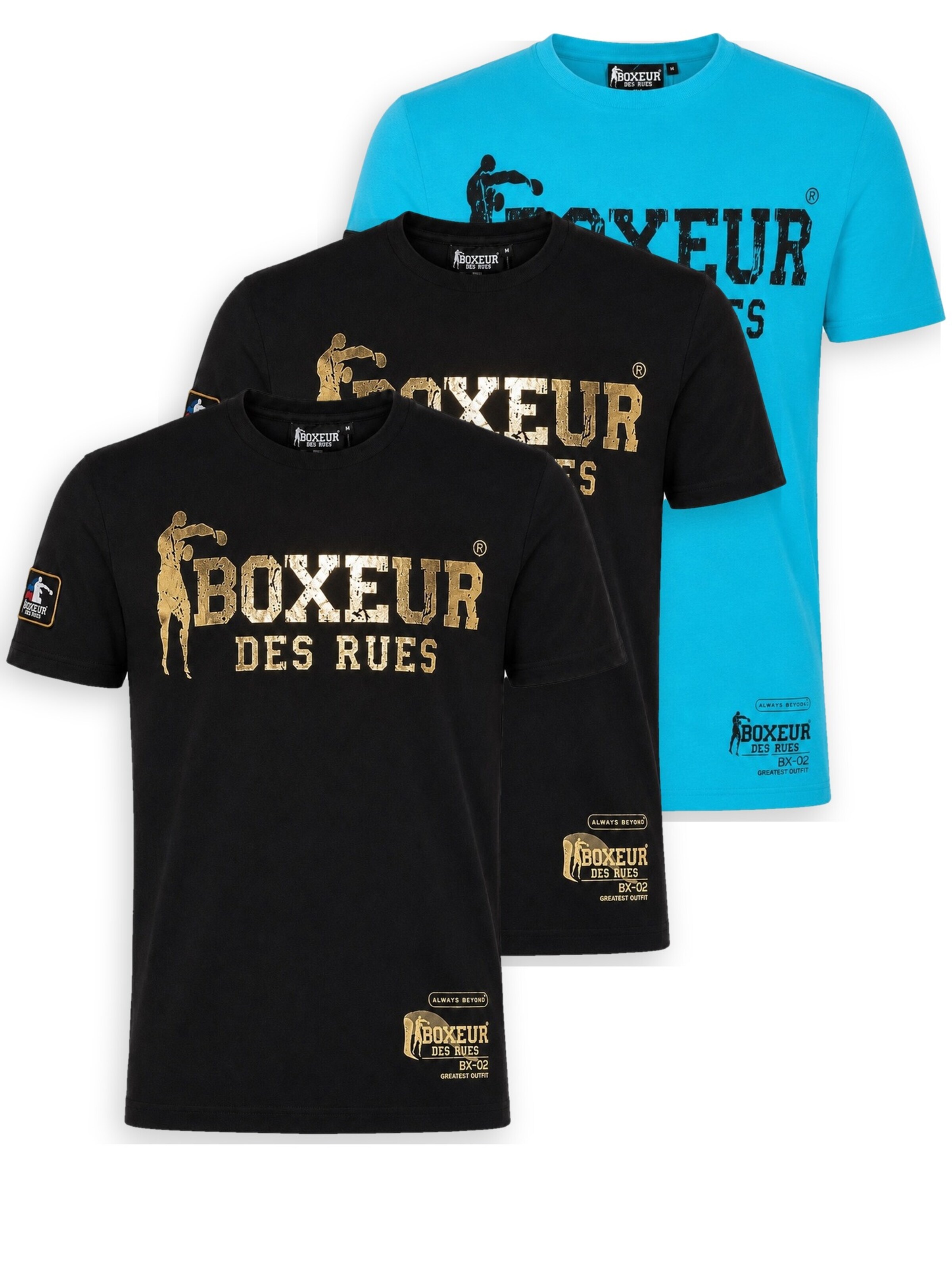 Boxeur des Rues Shirt 'Herren T-Shirt 3er-Pack Boxeur des Rues Slim Fit: 2 x Schwarz, Goldenes Logo + Türkis, Schwarzes Logo' in Mixed colors: front