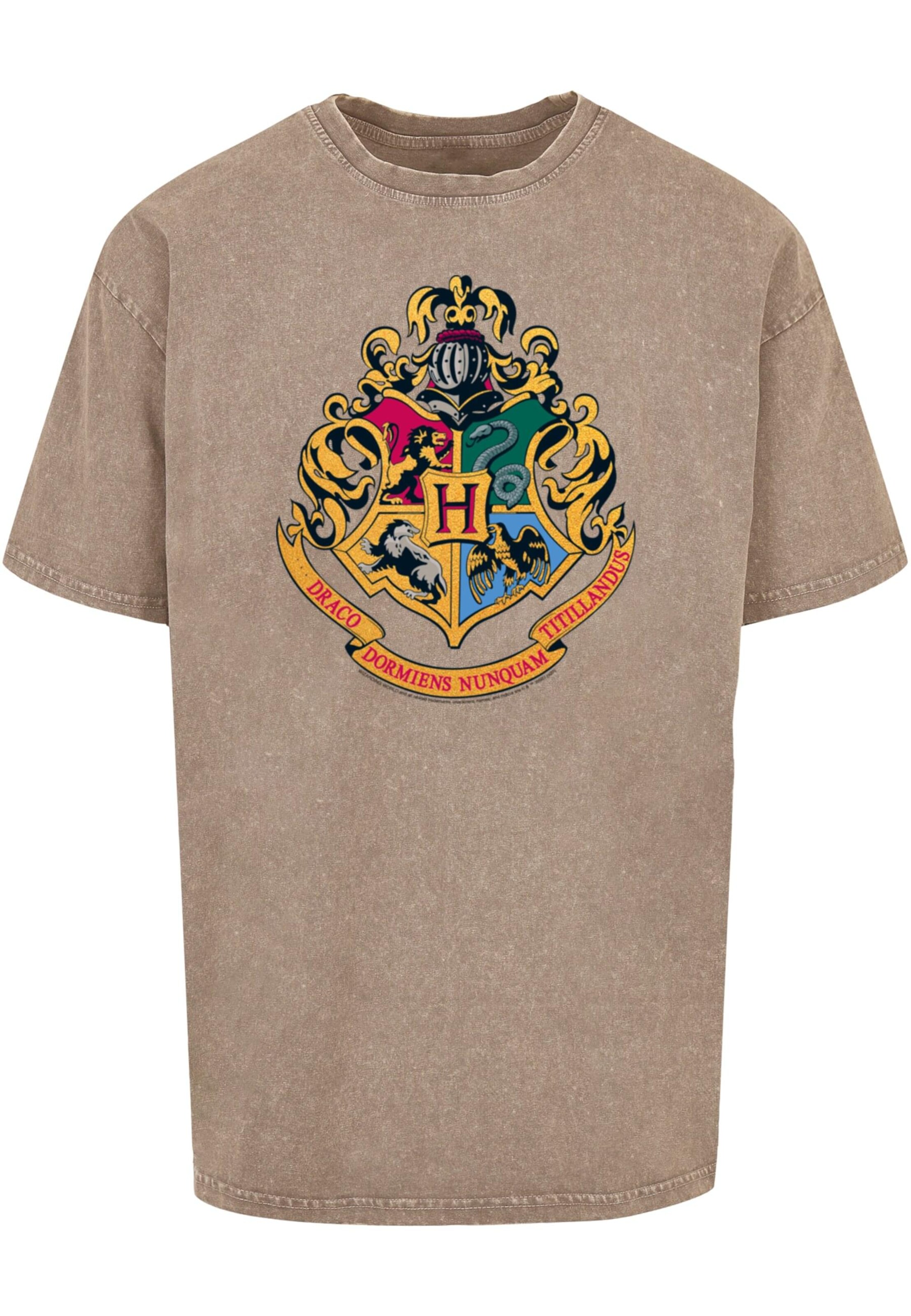 ABSOLUTE CULT Shirt 'Harry Potter - Hogwarts Crest Gold' in Bruin: voorkant