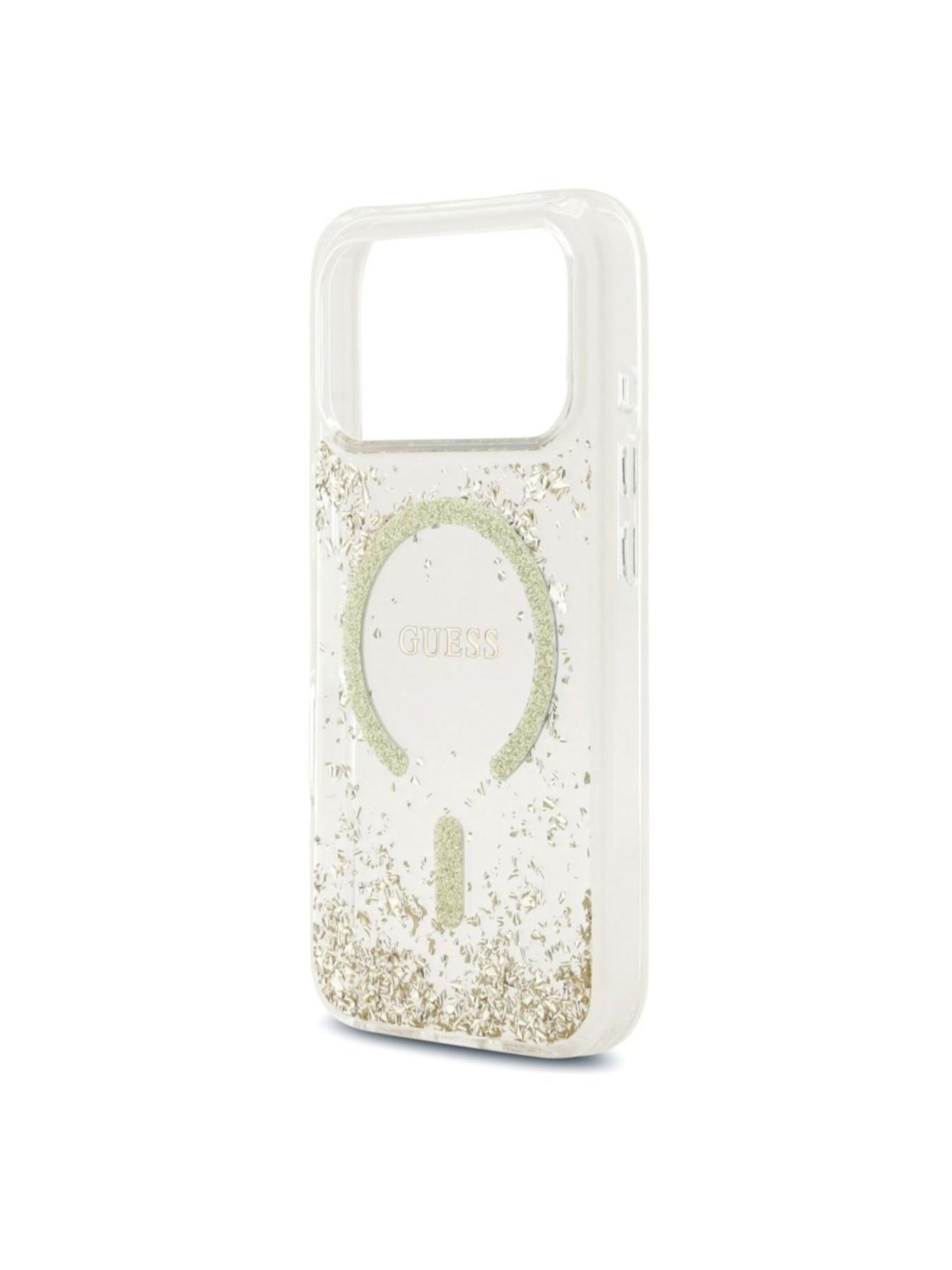 GUESS Smartphonehoesje 'GUESS MagSafe Resin Bottom Glitter iPhone 17 Pro' in Goud