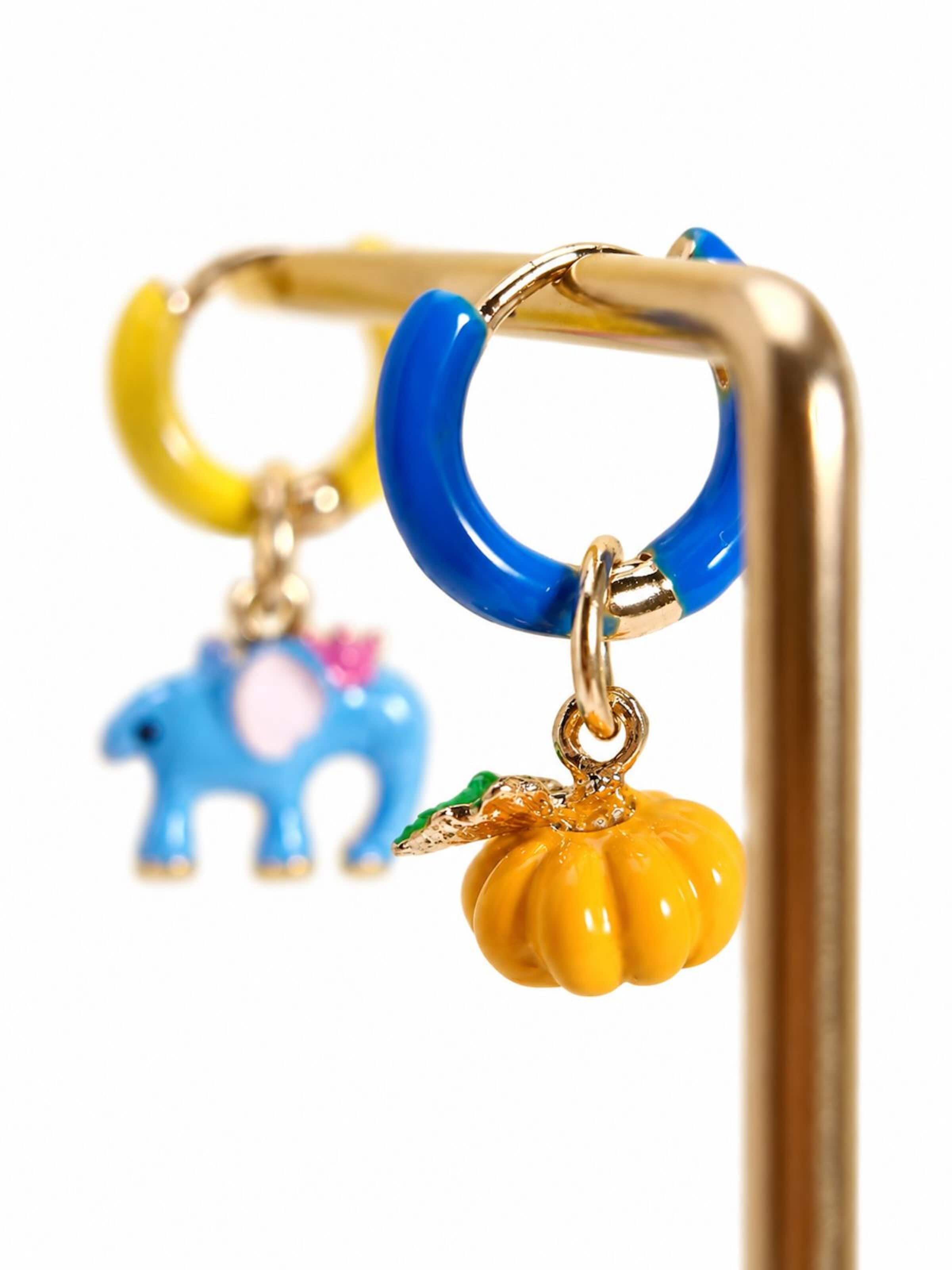 LanLivia - Brincos 'Enchanted Elephant & Pumpkin Enamel Hoop Earrings' em azul