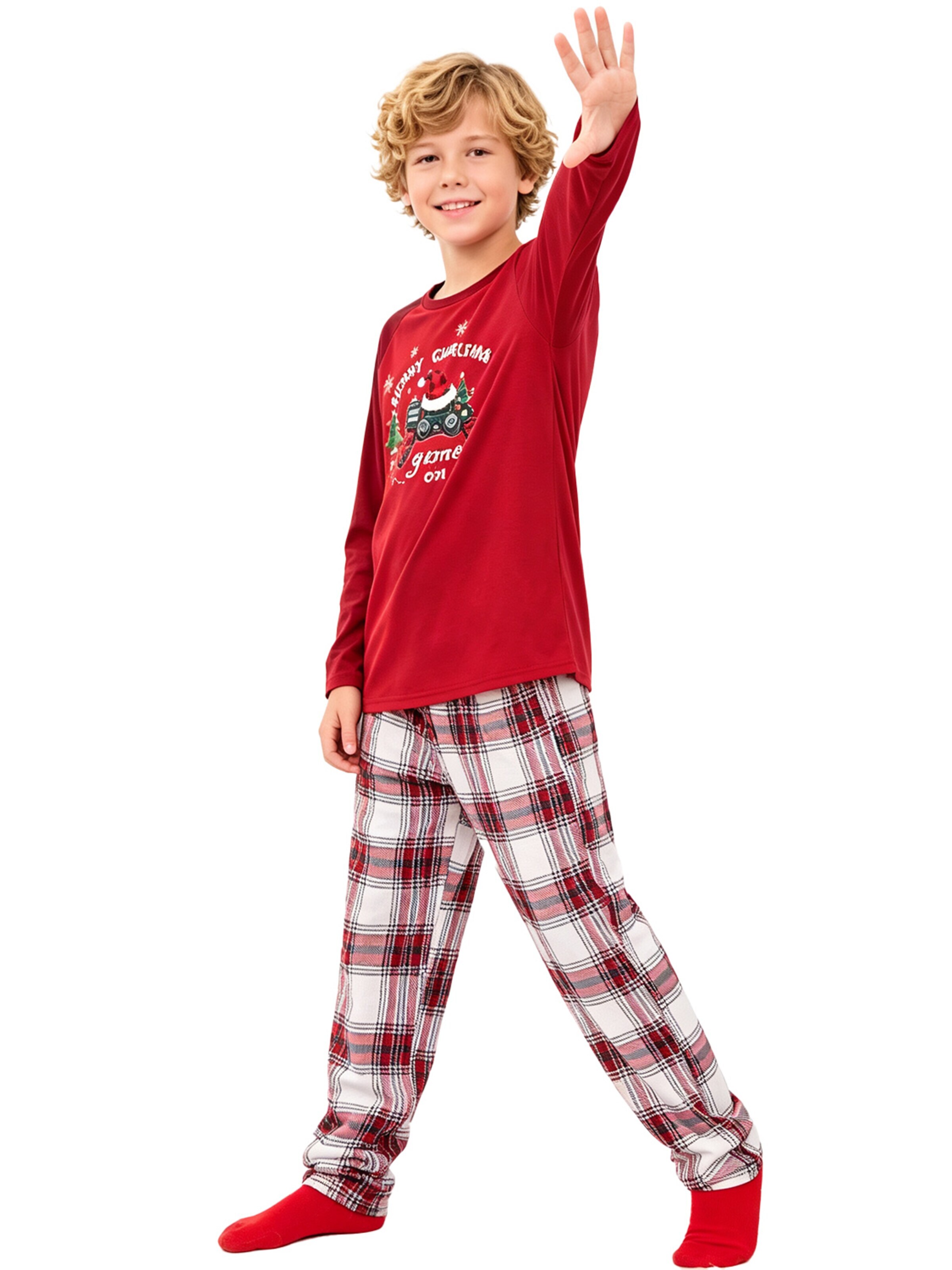 KoJooin Piżama 'Weihnachtsbaum Jungen Weihnachts-Pyjama-Set Langarm Shirt mit Weihnachtsbaum-Motiv und Karierten Schlafanzughose' w kolorze czerwony