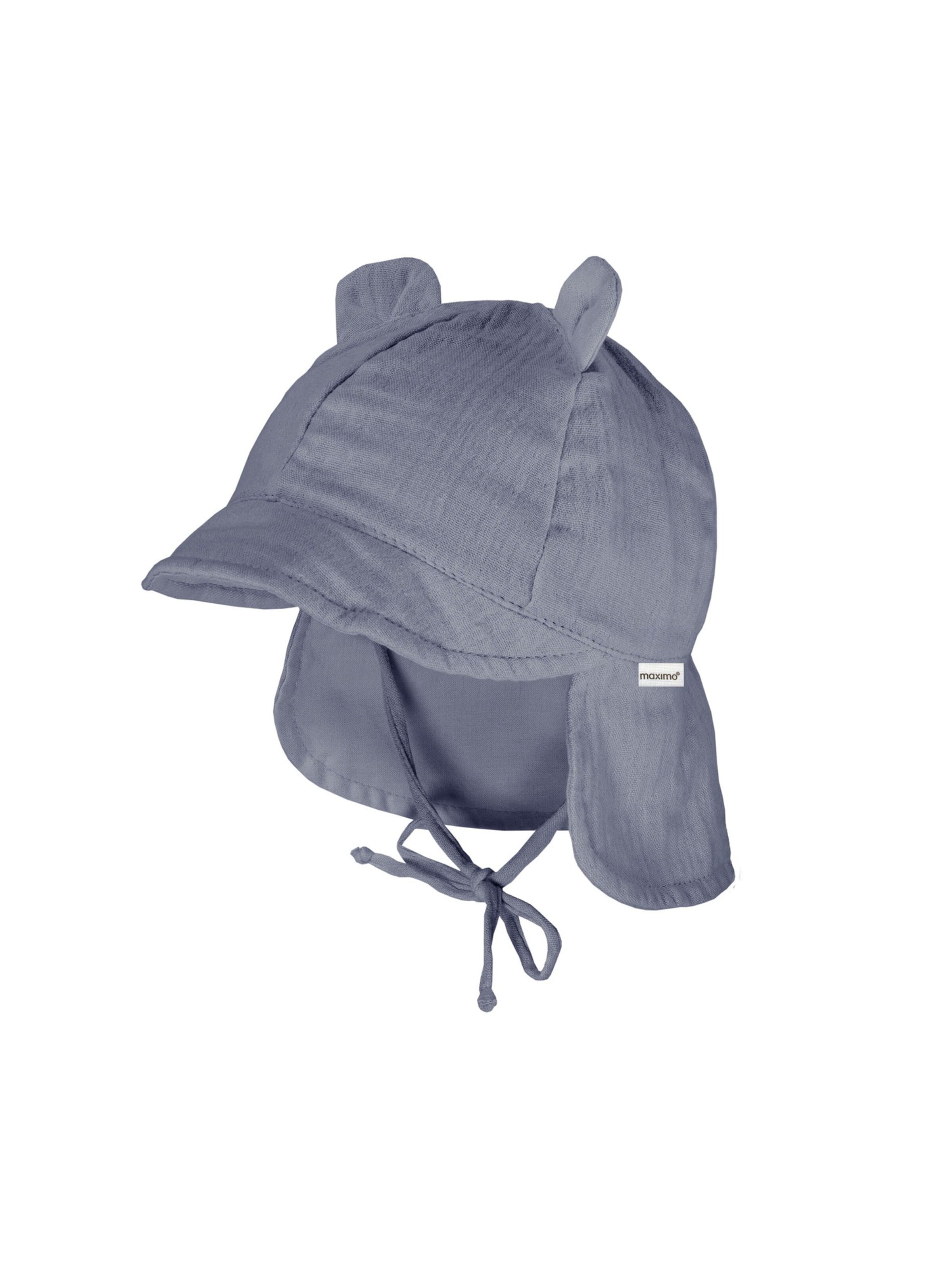 MAXIMO Beanie 'GOTS BABY-Schildmütze, Öhrchen Musselinstoff, Nackenschutz, Bindeband' in Blue: front