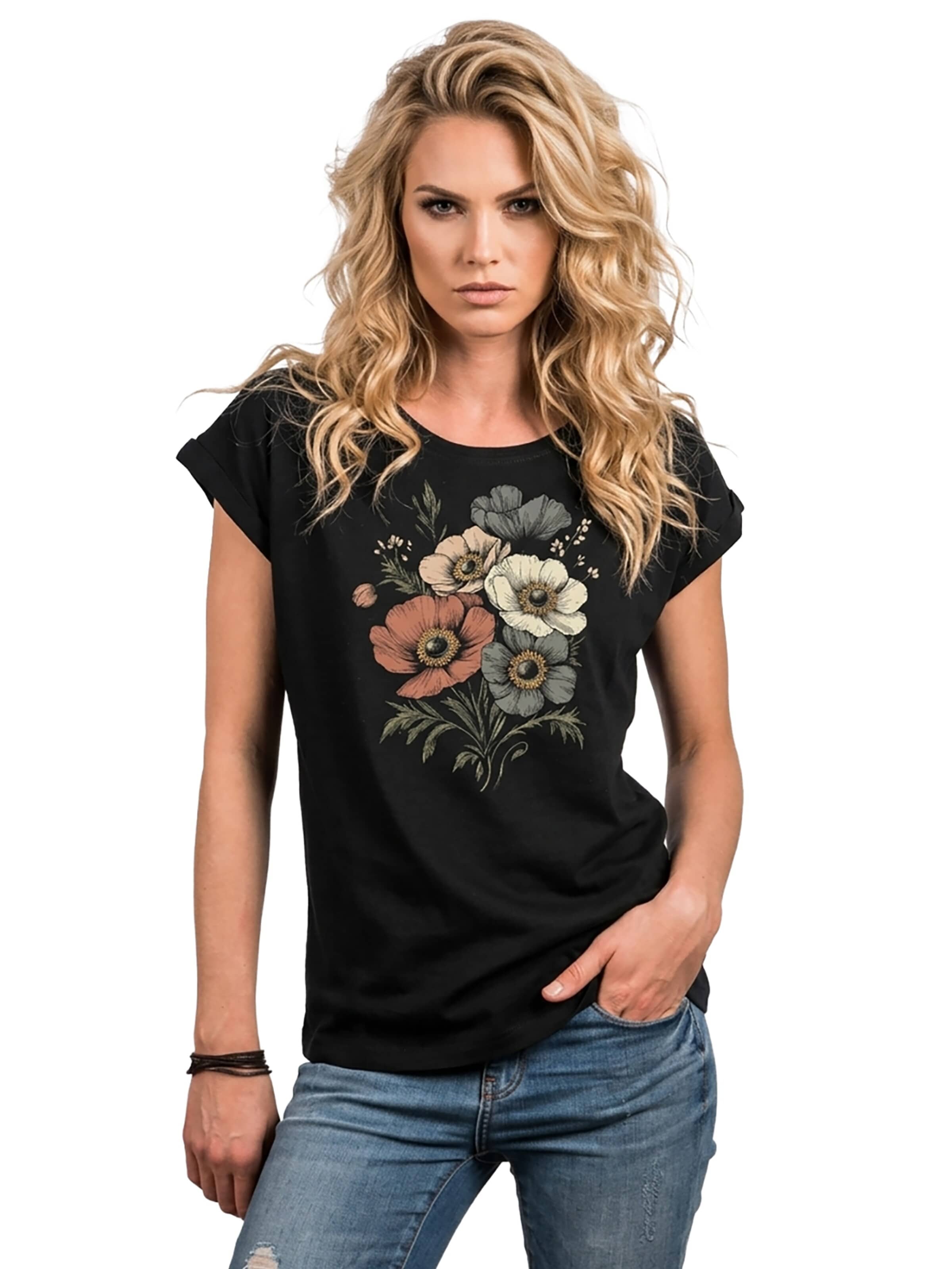 MAKAYA Shirt 'Boho Poppies' in Black: front