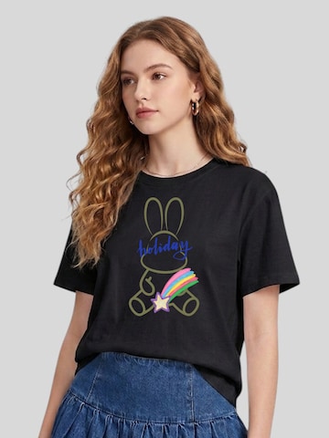 LapaPlus Shirt 'Women Minimal Line Drawing Rabbit with Rainbow Holiday Print T-Shirt'‌‌‌‌‌‌‌‌‌ in Schwarz: Vorderseite