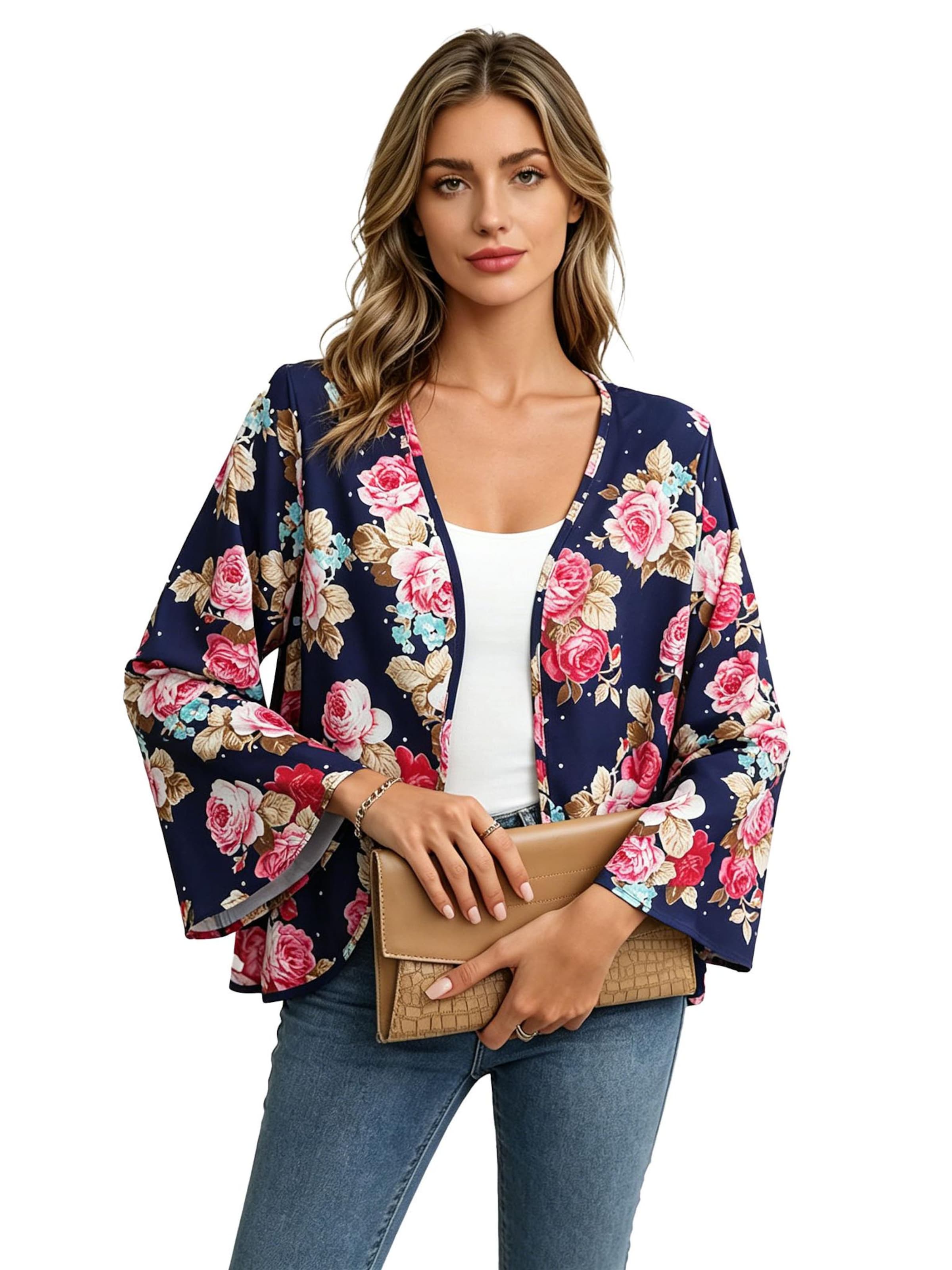 KoJooin Between-Season Jacket 'Damen-Strandkleid mit Blumenmuster, Kimono-Cardigan, offene Bluse/Top' in Blue: front