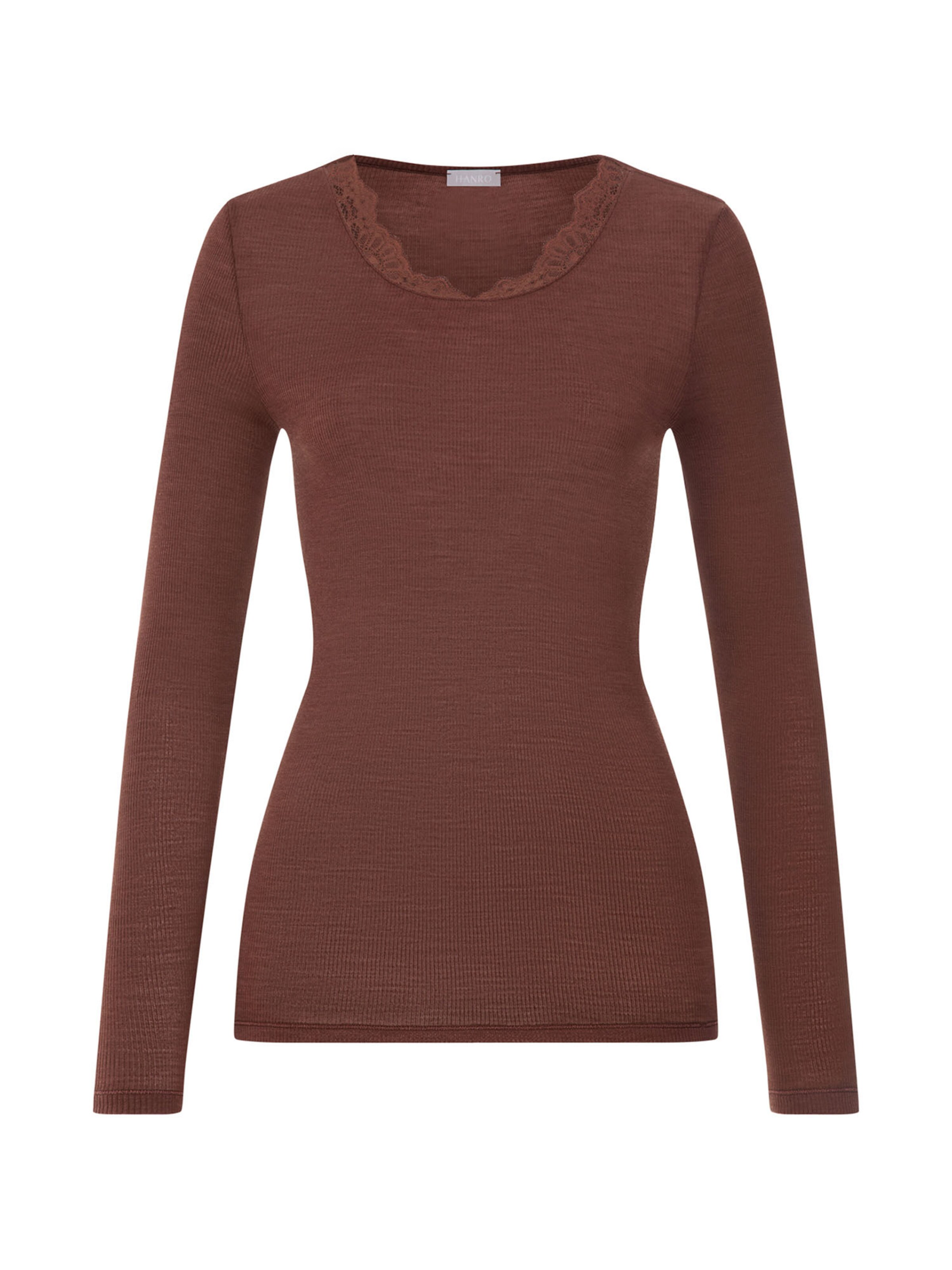 Hanro Shirt ' Woolen Lace ' in Bruin: voorkant