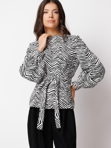 Couture de Marie Bluse 'Blouse with Zebra Print and Tie Belt – Black/Ivory – Sienna'‌‌‌ in Schwarz: Vorderseite