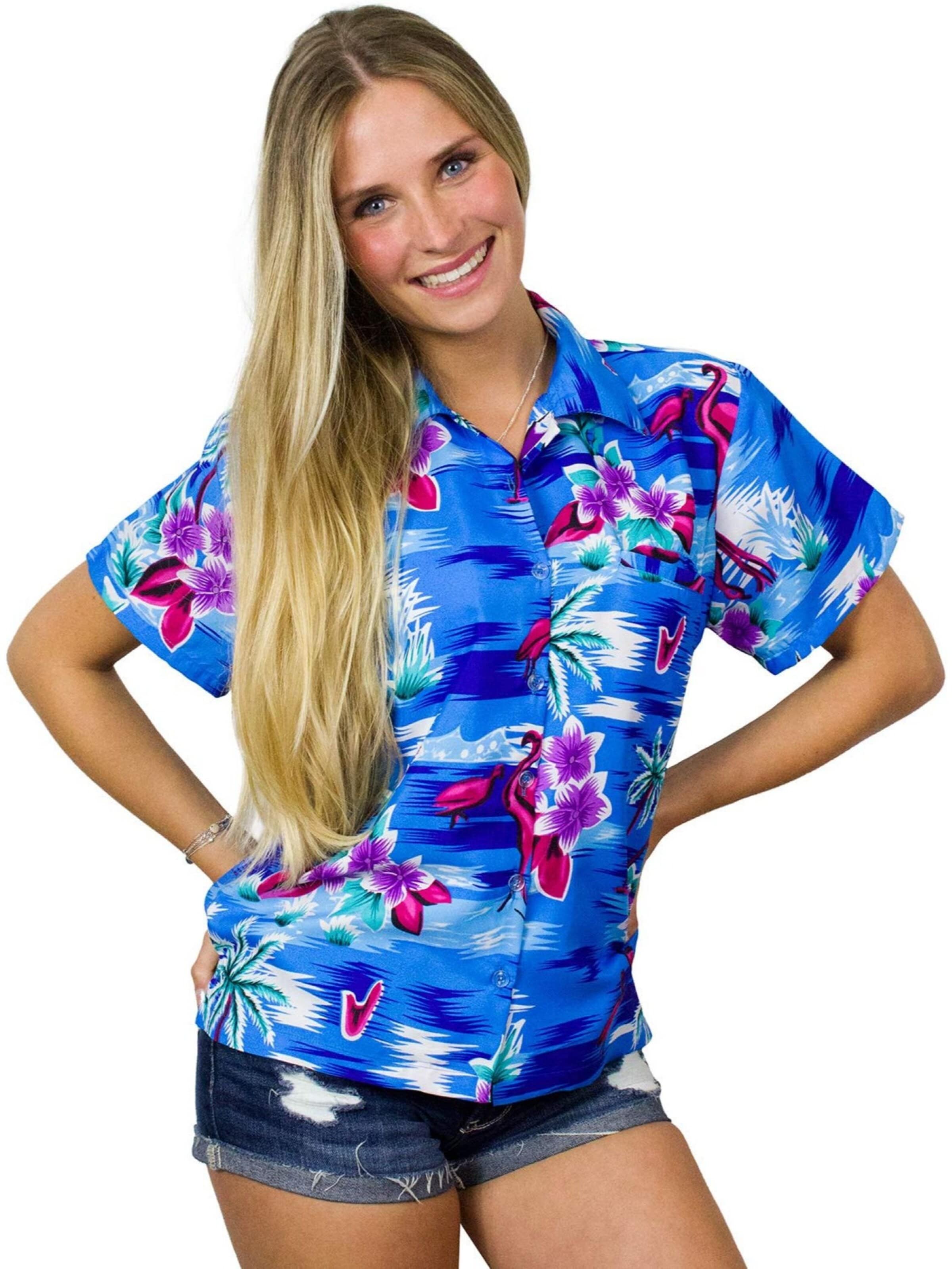 Camicia da donna 'Flamingos' di King Kameha in blu: frontale