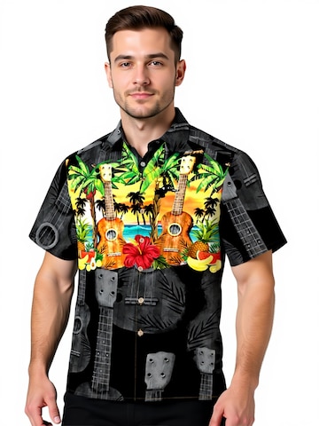 Hawaiihemdshop.de Regularny krój Koszula 'Hawaiihemd Hawaiian Ukulele' w kolorze czarny