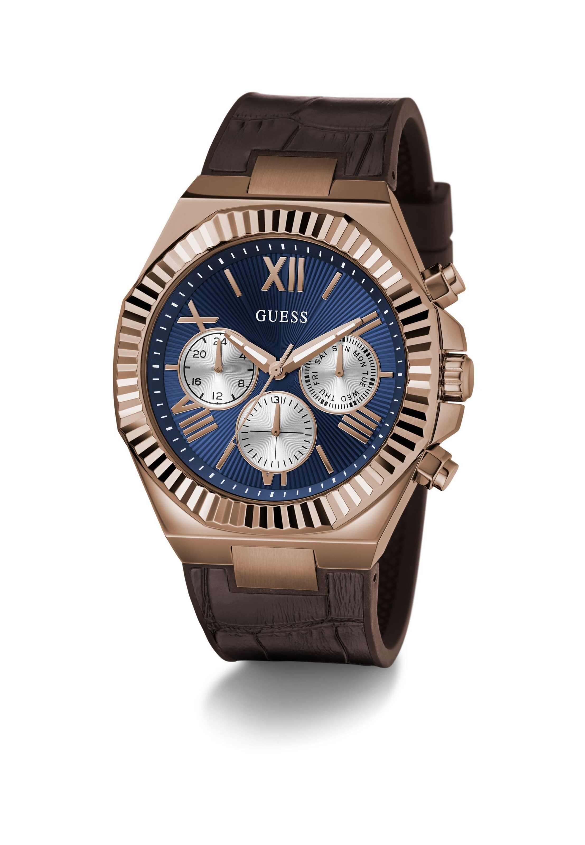 GUESS Montre à affichage analogique 'EQUITY' en bleu marine / marron / bronze, Vue avec produit