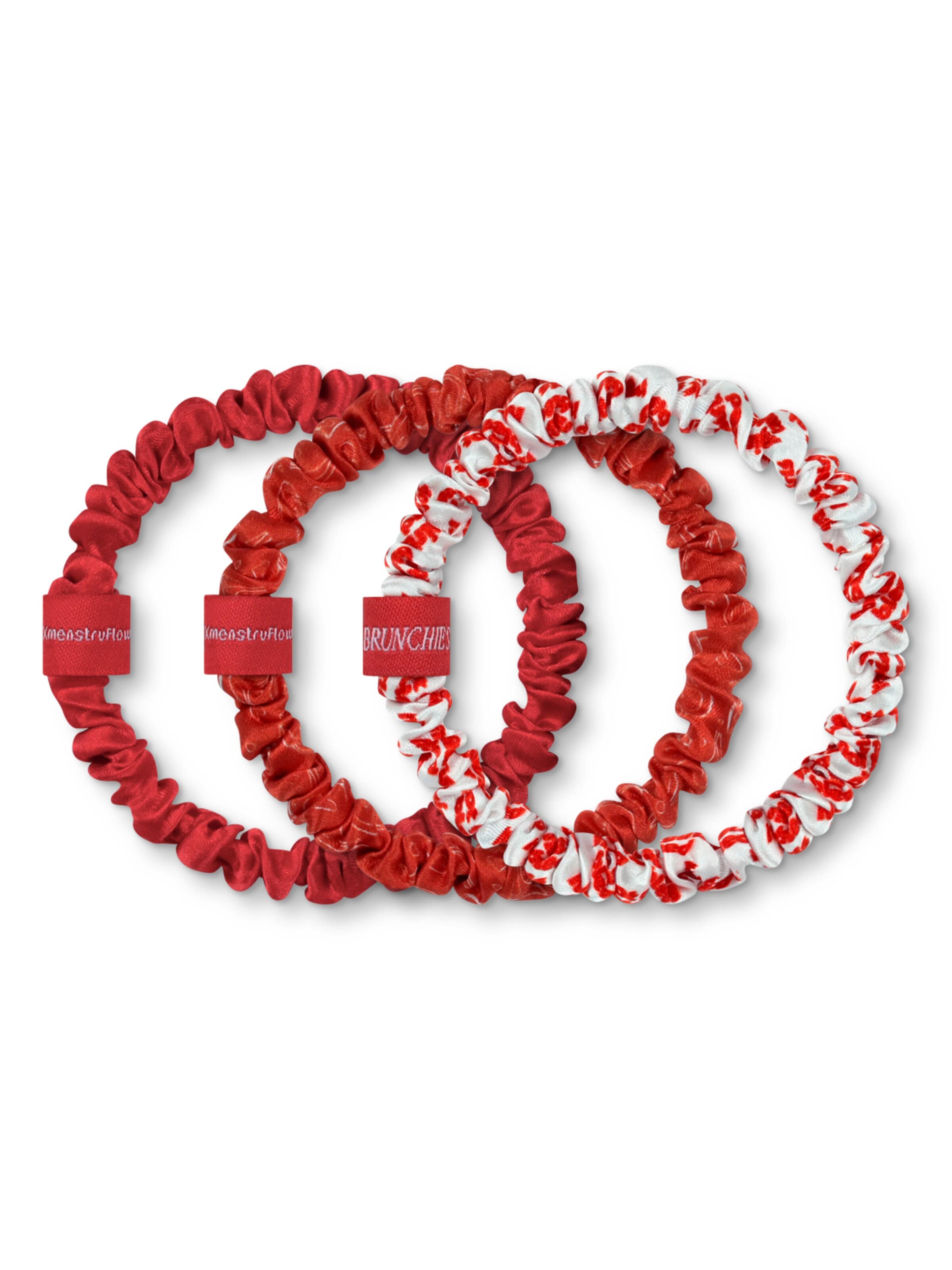 BRUNCHIES® Hair jewelry 'Co-Creation BRUNCHIES® x menstruflow – 3er Set aus 100 % Maulbeerseide in tollen Rottönen mit Signature-Print' in 8cm x 8cm in White, Item view