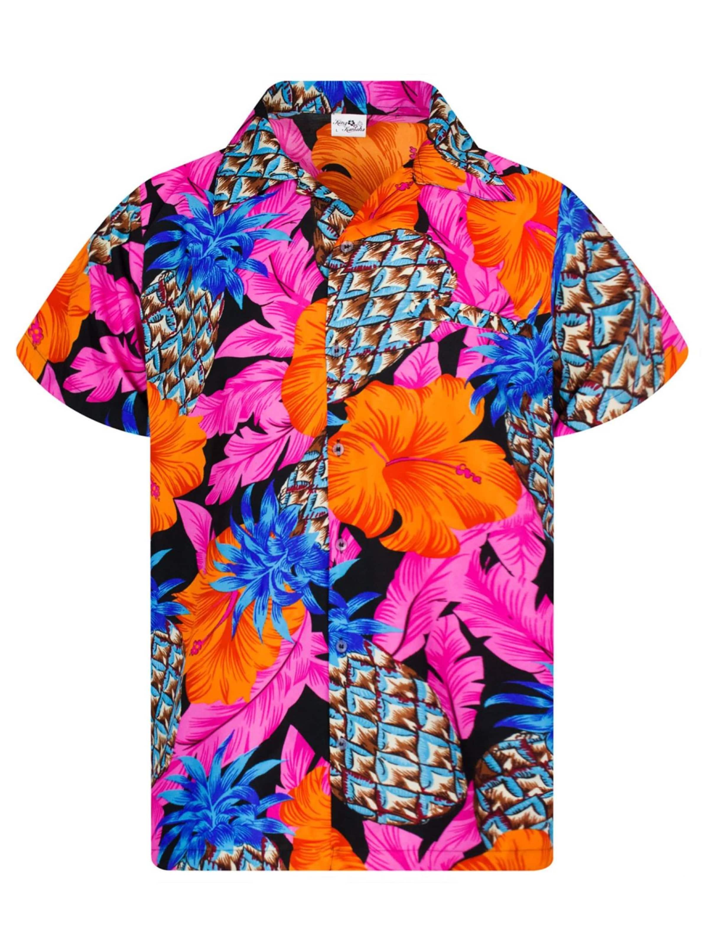 King Kameha Shirt 'Pineapple Hibiscus Black Line' in Roze: voorkant