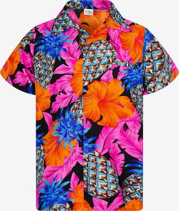 King Kameha Shirt 'Pineapple Hibiscus Black Line' in Roze: voorkant