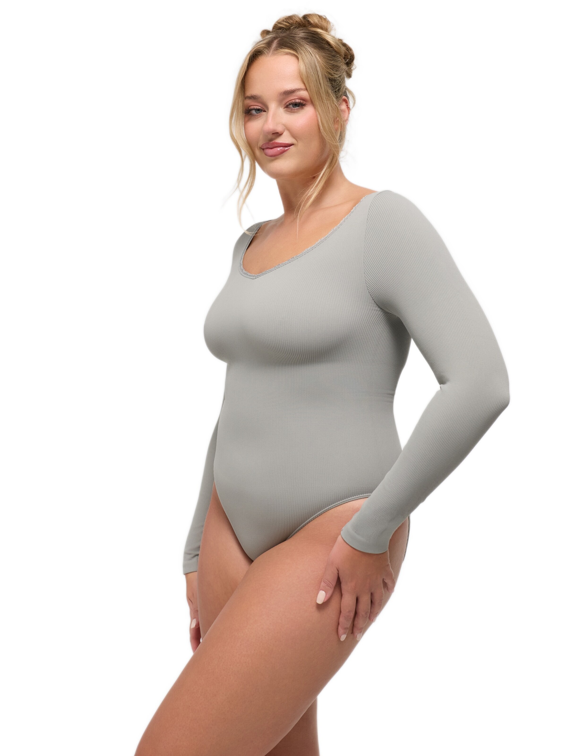 cfab Body 'Ribbed Longsleeve V-Neck Sculpting Lace Bodysuit with Slip' in Grijs