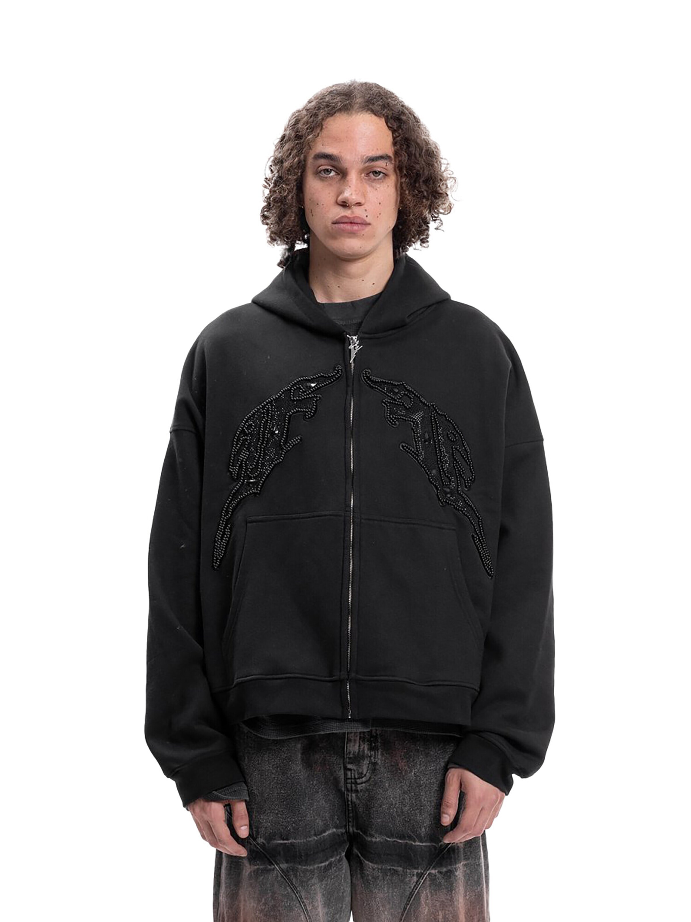 FAVELA Zip-Up Hoodie 'Double Aves' in Black: front