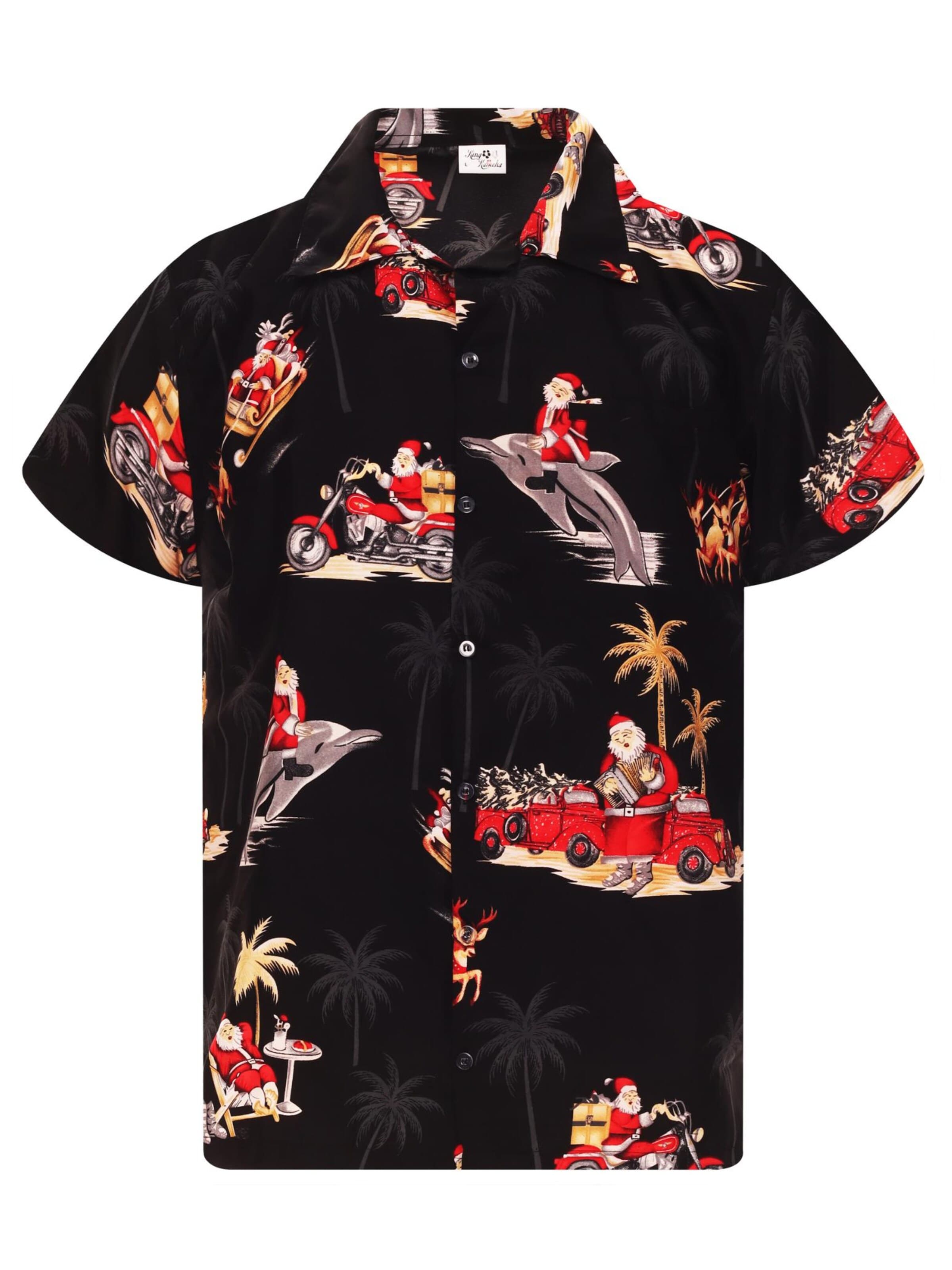 King Kameha Regular fit Overhemd 'Christmas Dolphin Santa' in Zwart: voorkant