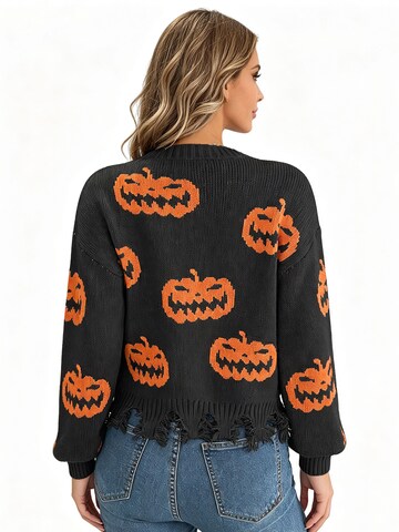 KoJooin Pullover 'Damen V-Ausschnitt Pullover mit Halloween-Kürbis-Motiv Farbkontrast,gestrickter Langarm-Pullover'‌‌‌‌‌‌‌‌‌ in Schwarz