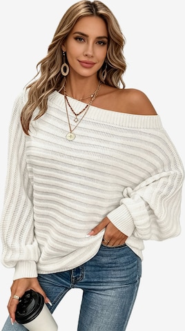 KoJooin Sweter 'Damen Strukturiertes Rippstrick Pullover Carmenausschnitt und Fledermausärmeln Oversize-Strickpulli' w kolorze biały: przód