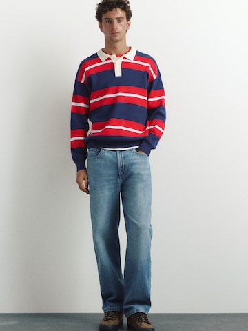 Pull&Bear Sweater 'POLO PUNTO ML STRIPES BSC' in Blue