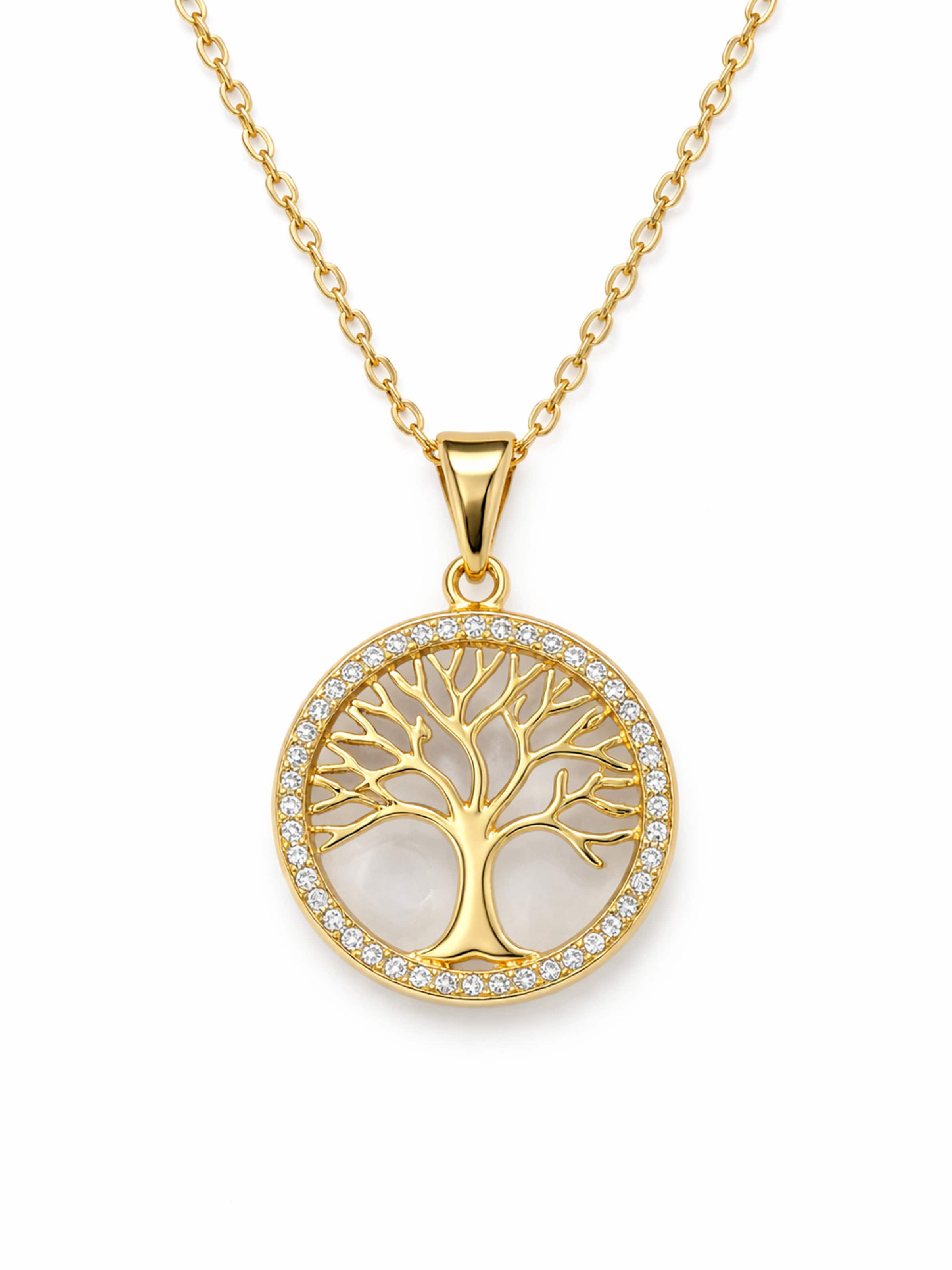 Staufergold Necklace 'Kette „Wurzelliebe“ – Lebensbaum-Anhänger mit zartem Pavé-Rand' in Gold: front