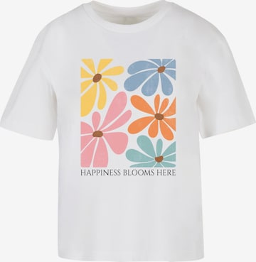 Merchcode T-Shirt 'Happiness Blooms Here' in Weiß: Vorderseite