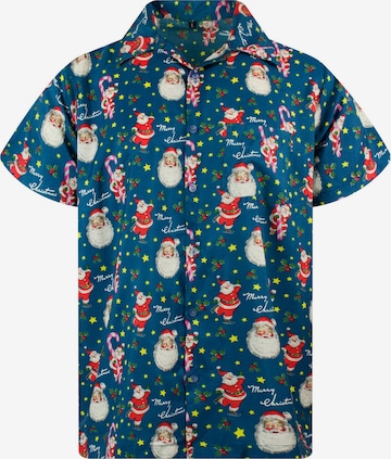 King Kameha Regular fit Button Up Shirt 'Christmas Candycane' in Blue: front