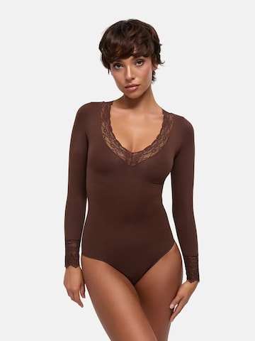 cfab - Body moldeador 'Clean Longsleeve V-Neck with Lace Sculpting Bodysuit with Slip' en marrón