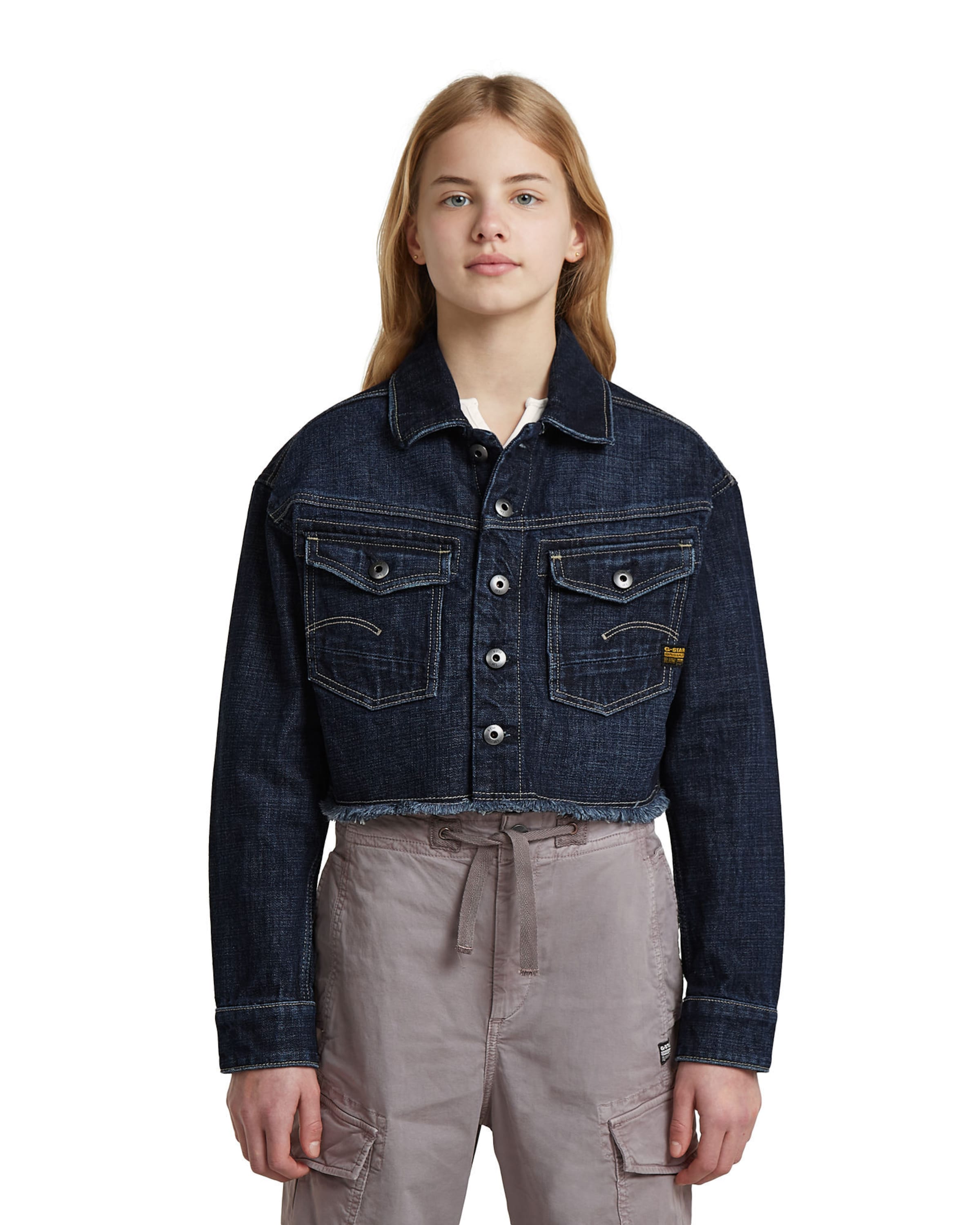 G-STAR Tussenjas 'Girls Cropped Denim Jacket' in Blauw: voorkant