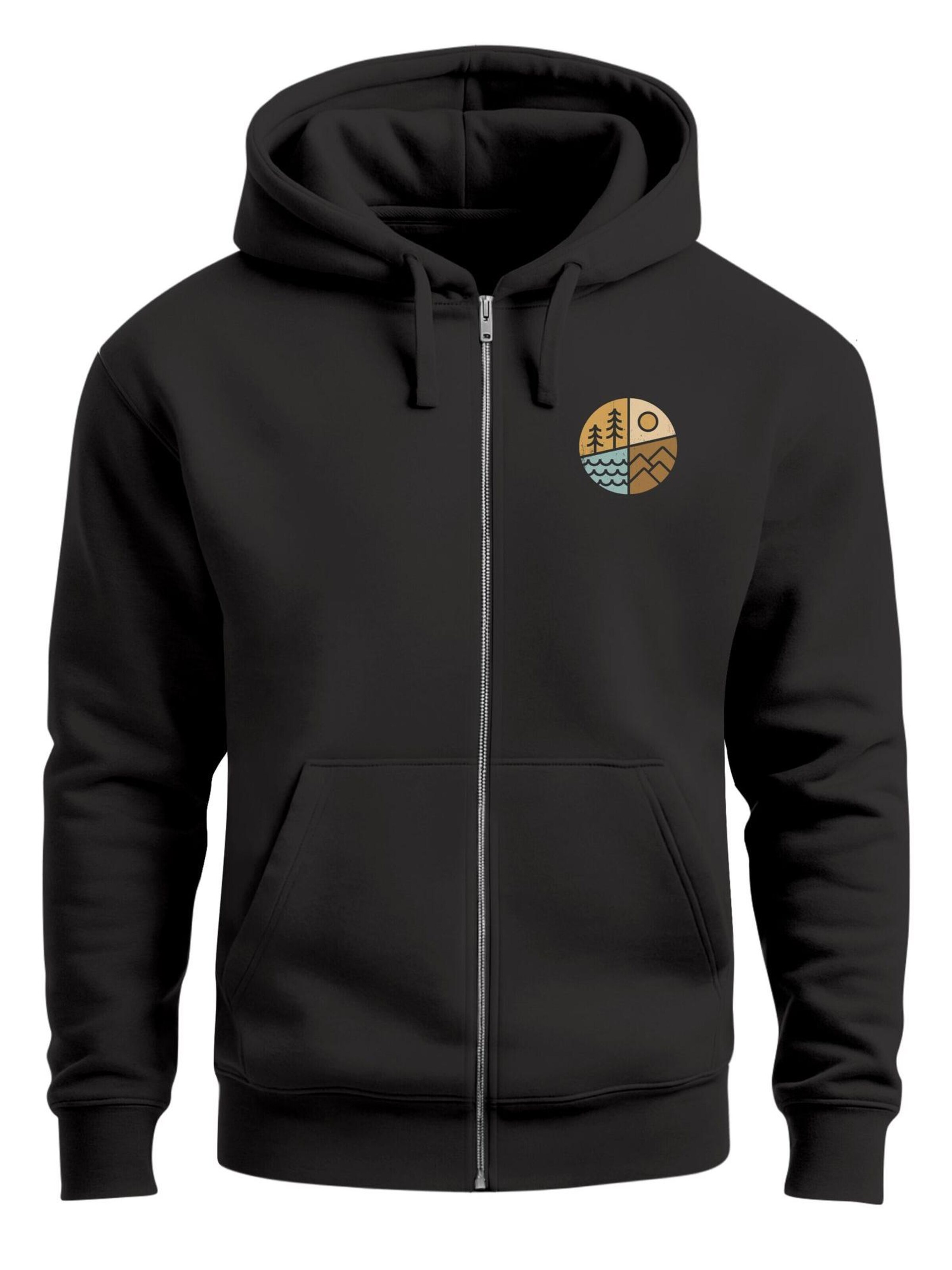 Neverless Zip-Up Hoodie 'Outdoor Badge' in Black: front