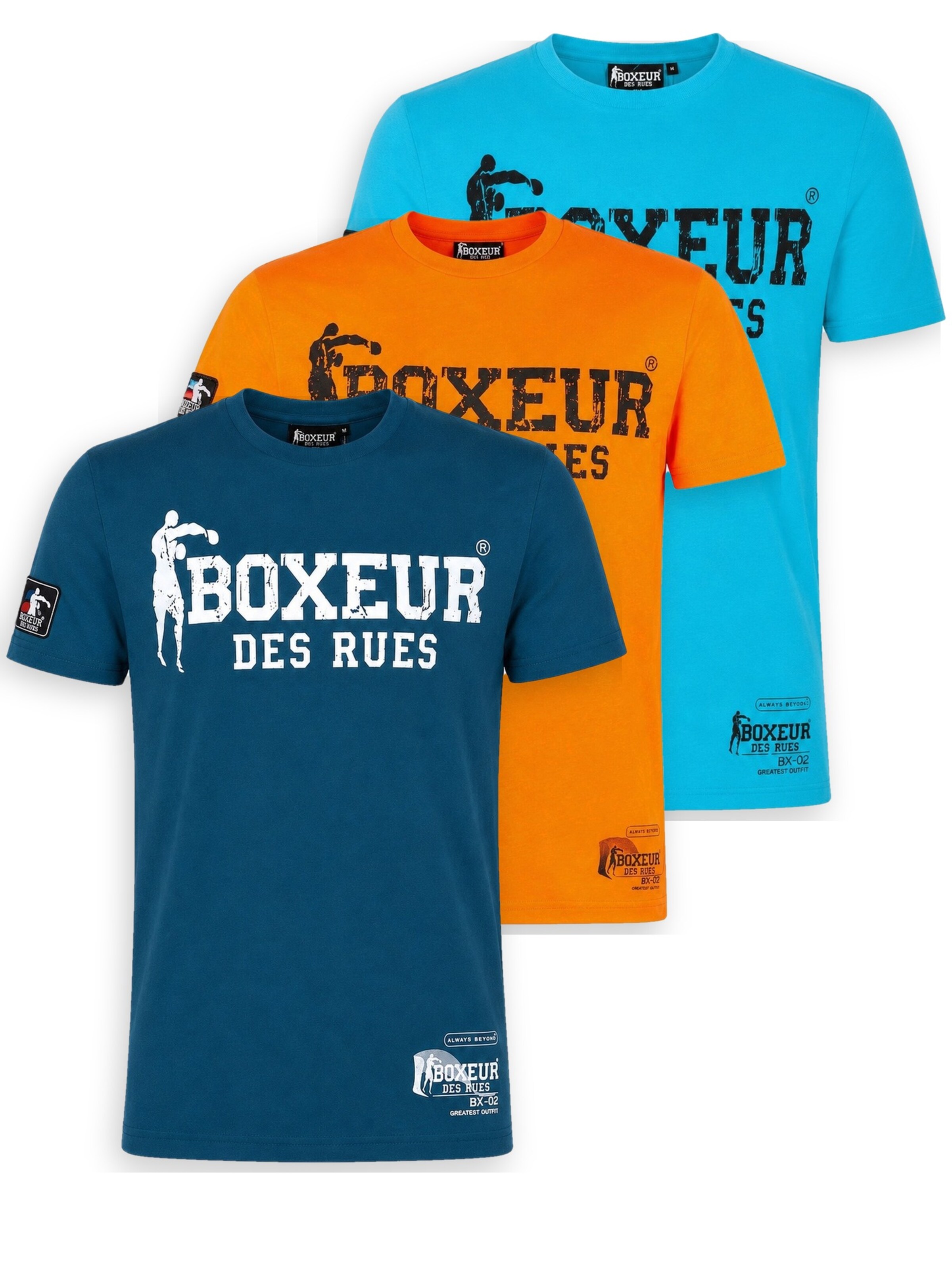 Boxeur des Rues Shirt 'Herren T-Shirt 3er-Pack Boxeur des Rues Slim Fit: Blau, Weißes Logo + Orange, Schwarzes Logo + Türkis, Schwarzes Logo' in Mixed colors: front