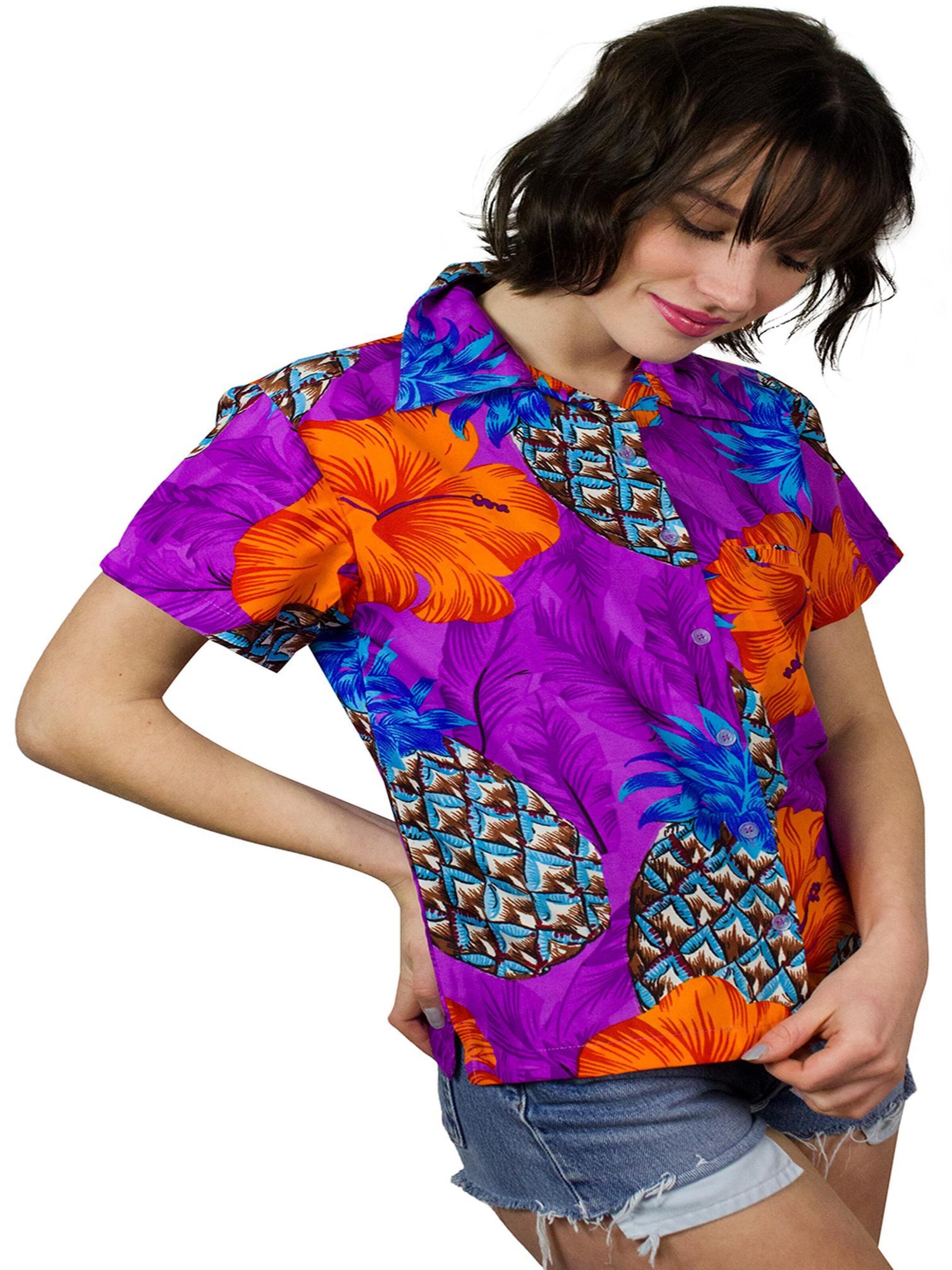 King Kameha Bluse 'Pineapple Hibiscus Shadow Line'‌‌ in Lila