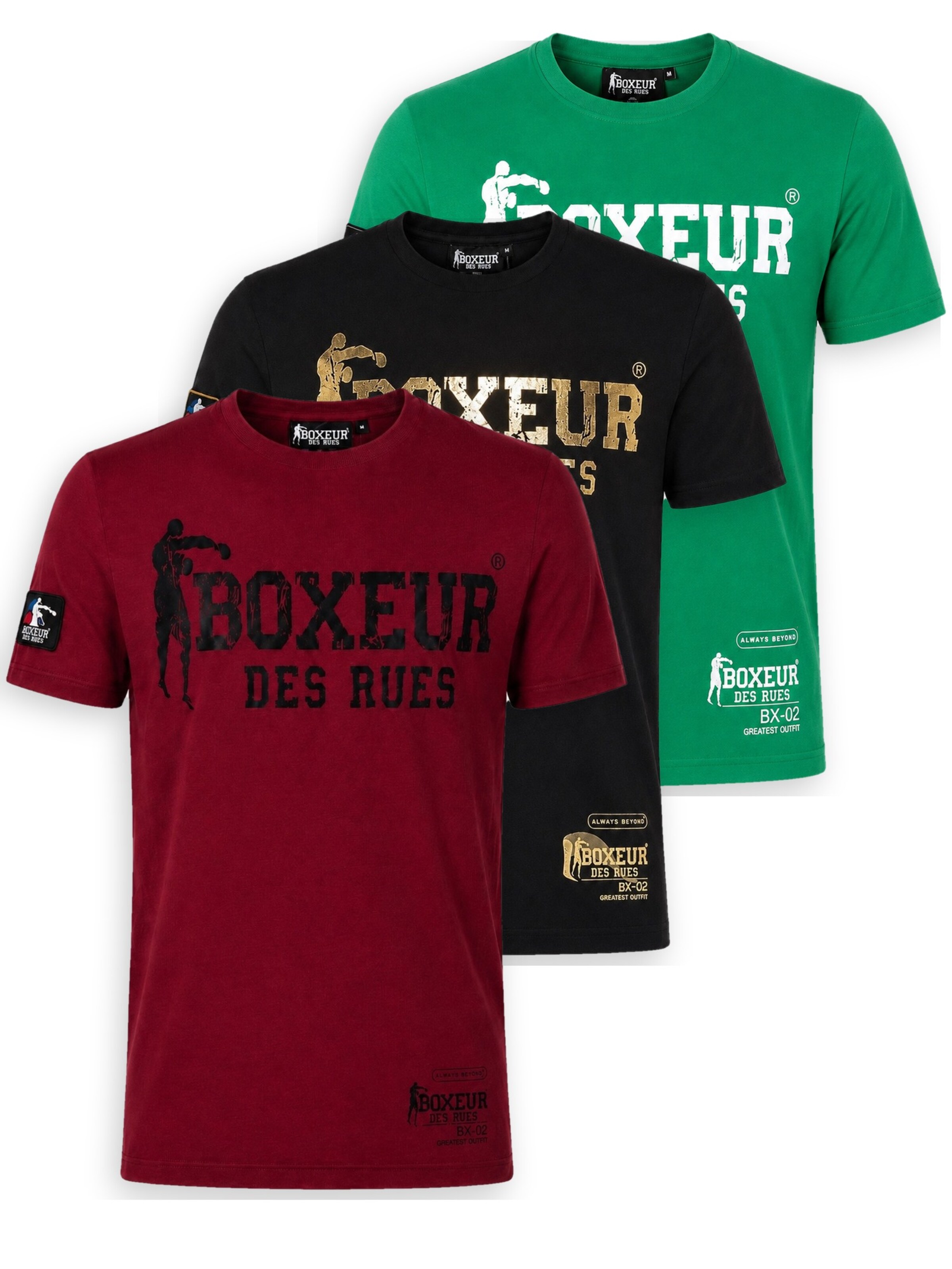 Boxeur des Rues Shirt 'Herren T-Shirt 3er-Pack Boxeur des Rues Slim Fit: Bordeaux + Schwarz, Goldenes Logo + Grasgrün, Weißes Logo'‌‌‌‌‌‌ in Mischfarben: Vorderseite