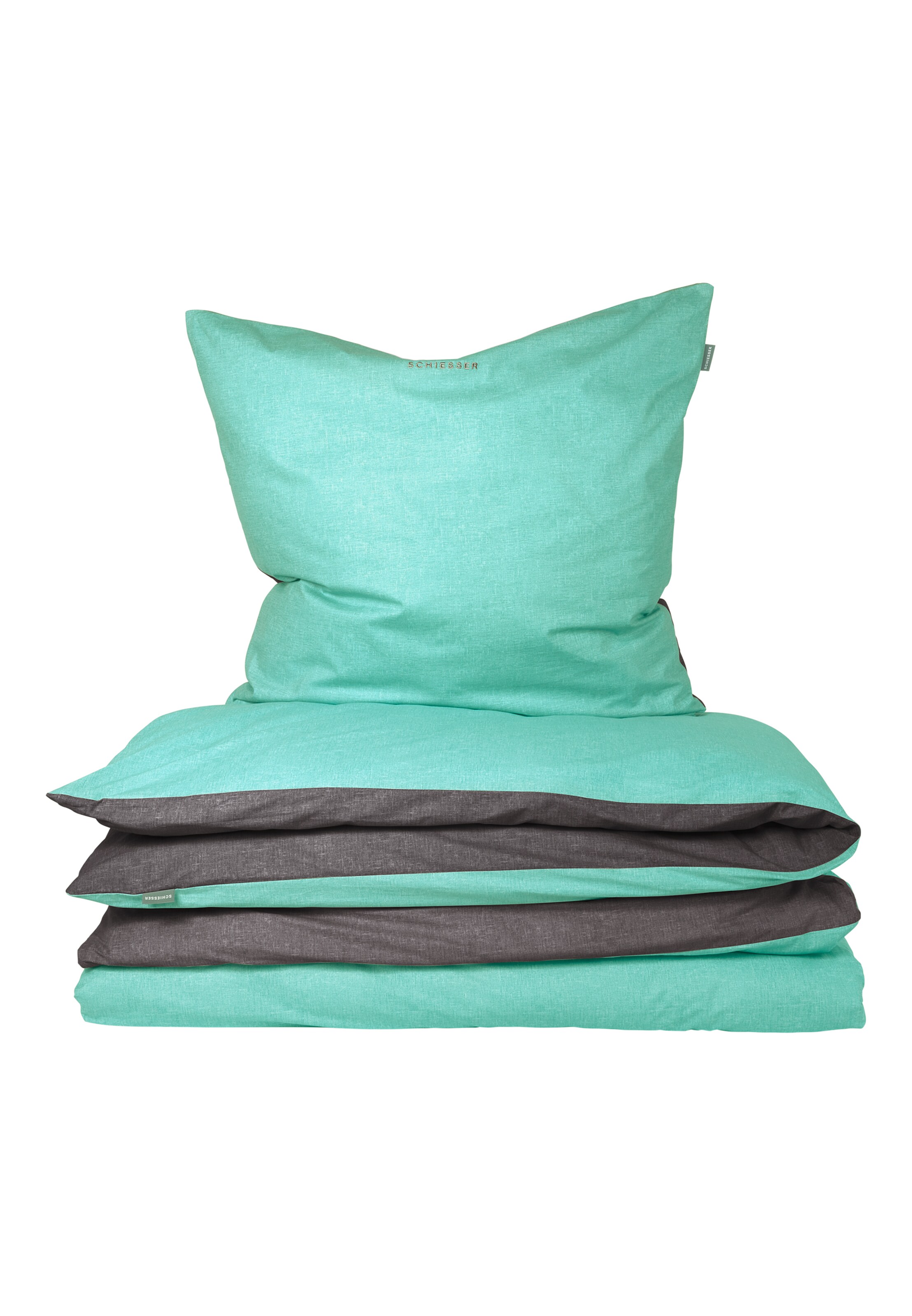 SCHIESSER Bettwäsche 'Doubleface Feinbiber' in dunkelgrau / mint, Produktansicht