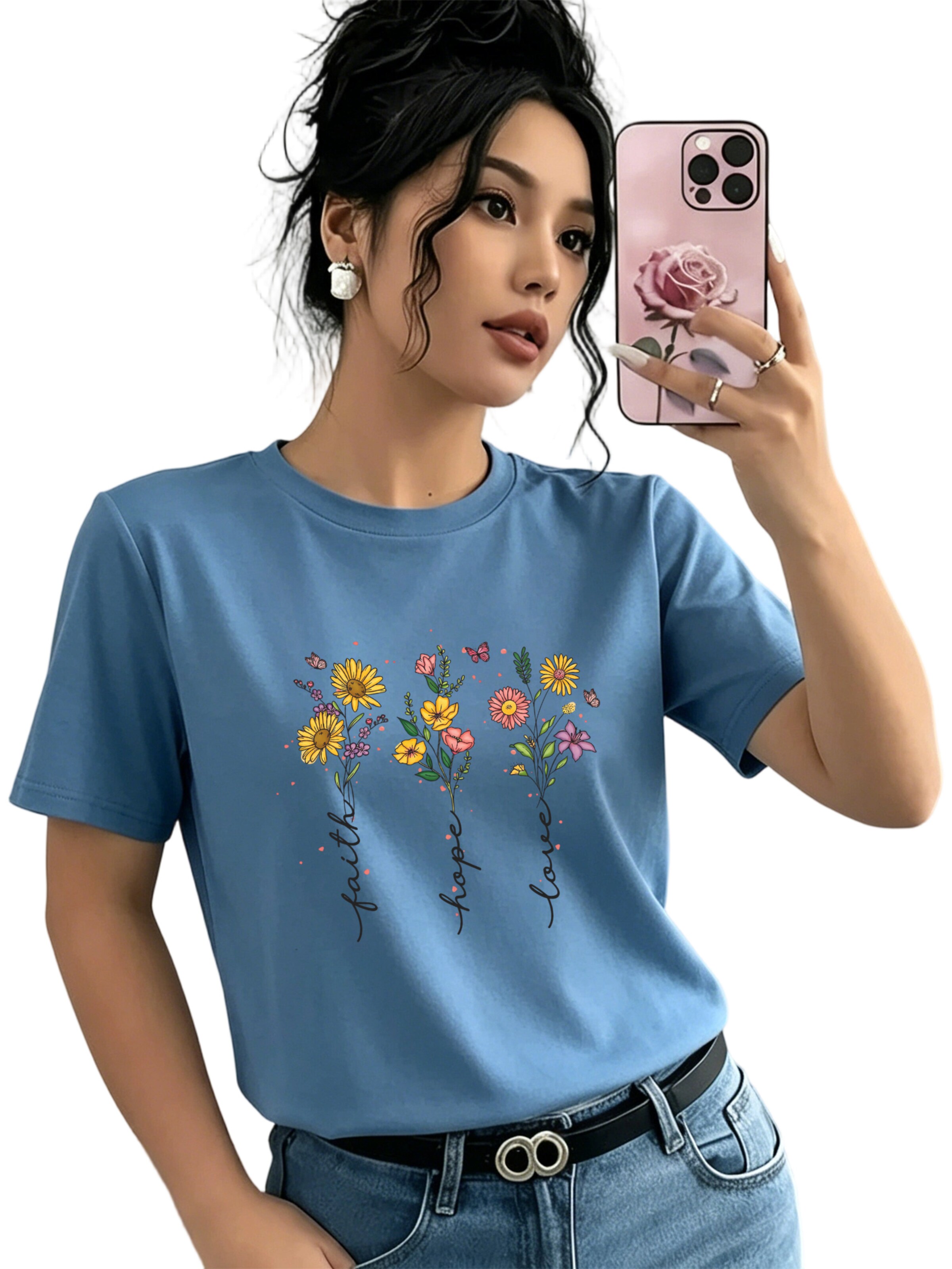 GORHEY Shirt 'Women's Casual Cotton Summer T-Shirt with Flowers Print'‌‌‌ in Blau: Vorderseite