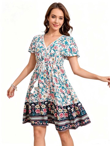 KoJooin Sukienka 'Damen Sommerkleid mit Kurzarm, platziertem Blumenprint und lässigem Boho-Look' w kolorze biały: przód