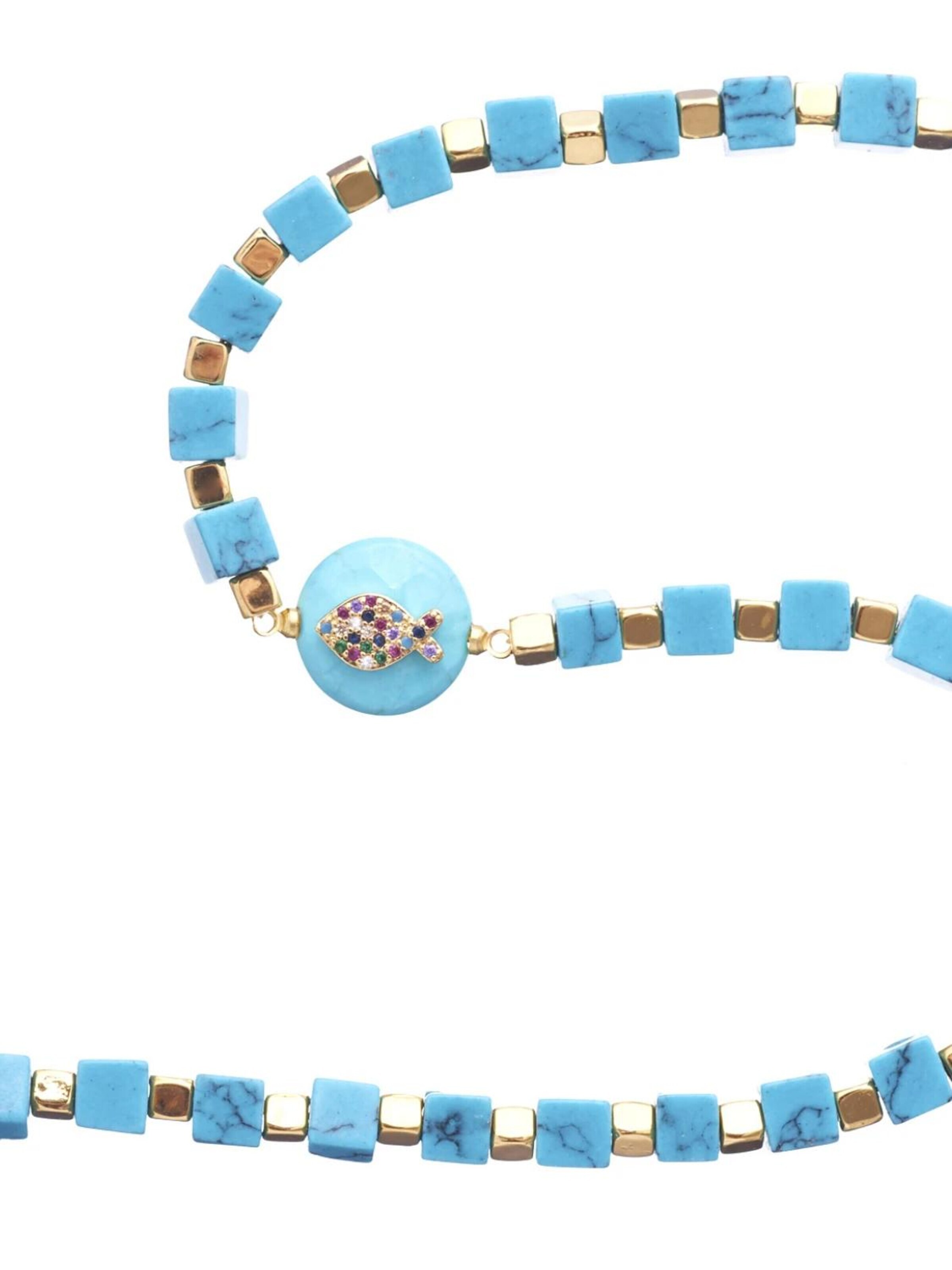THE GEM STORIES JEWELRY - Cadena 'Turquoise Cubes Necklace with Fish Element' en azul