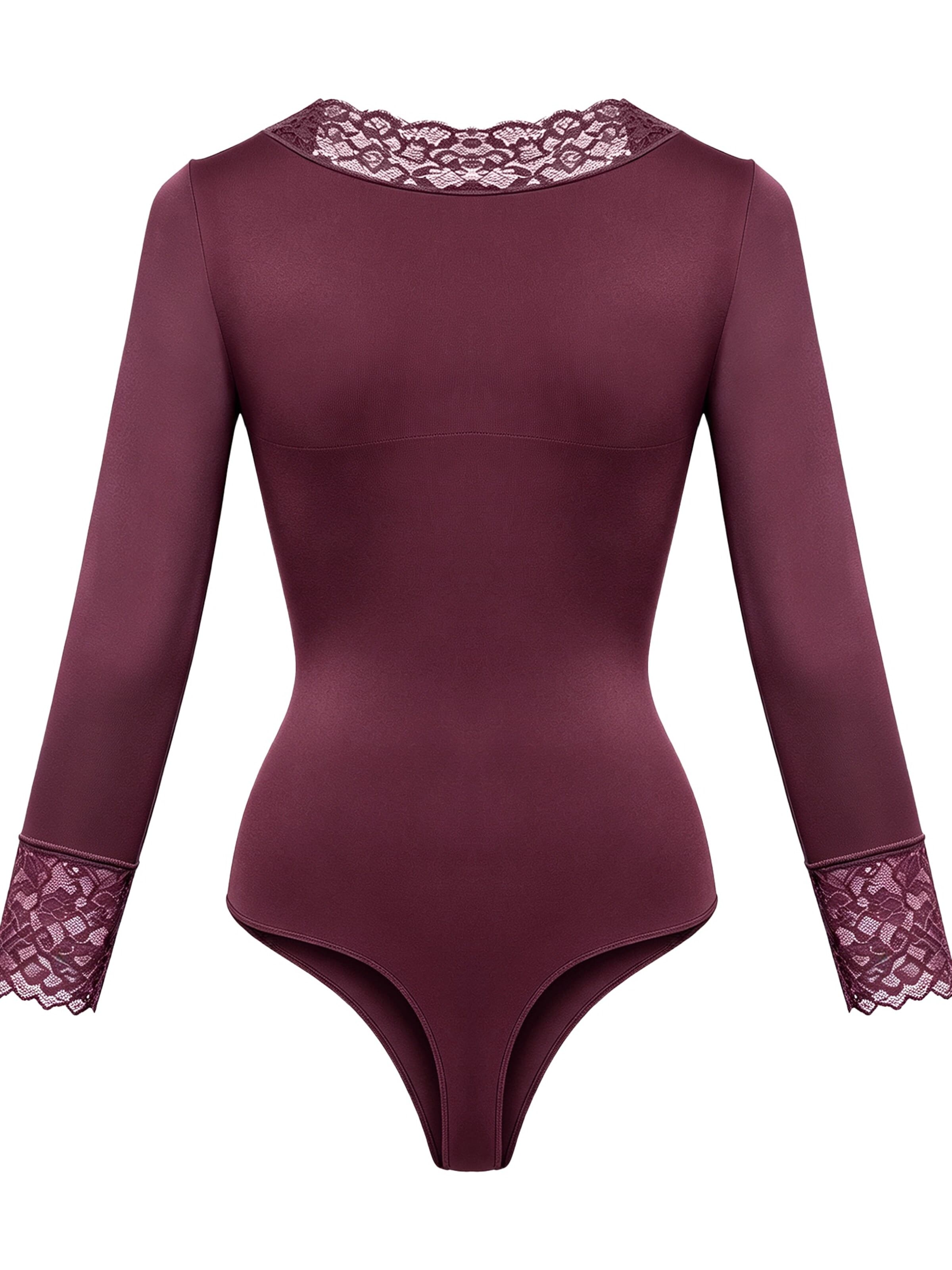 cfab - Body moldeador 'Clean Longsleeve V-Neck with Lace Sculpting Bodysuit with String' en rojo
