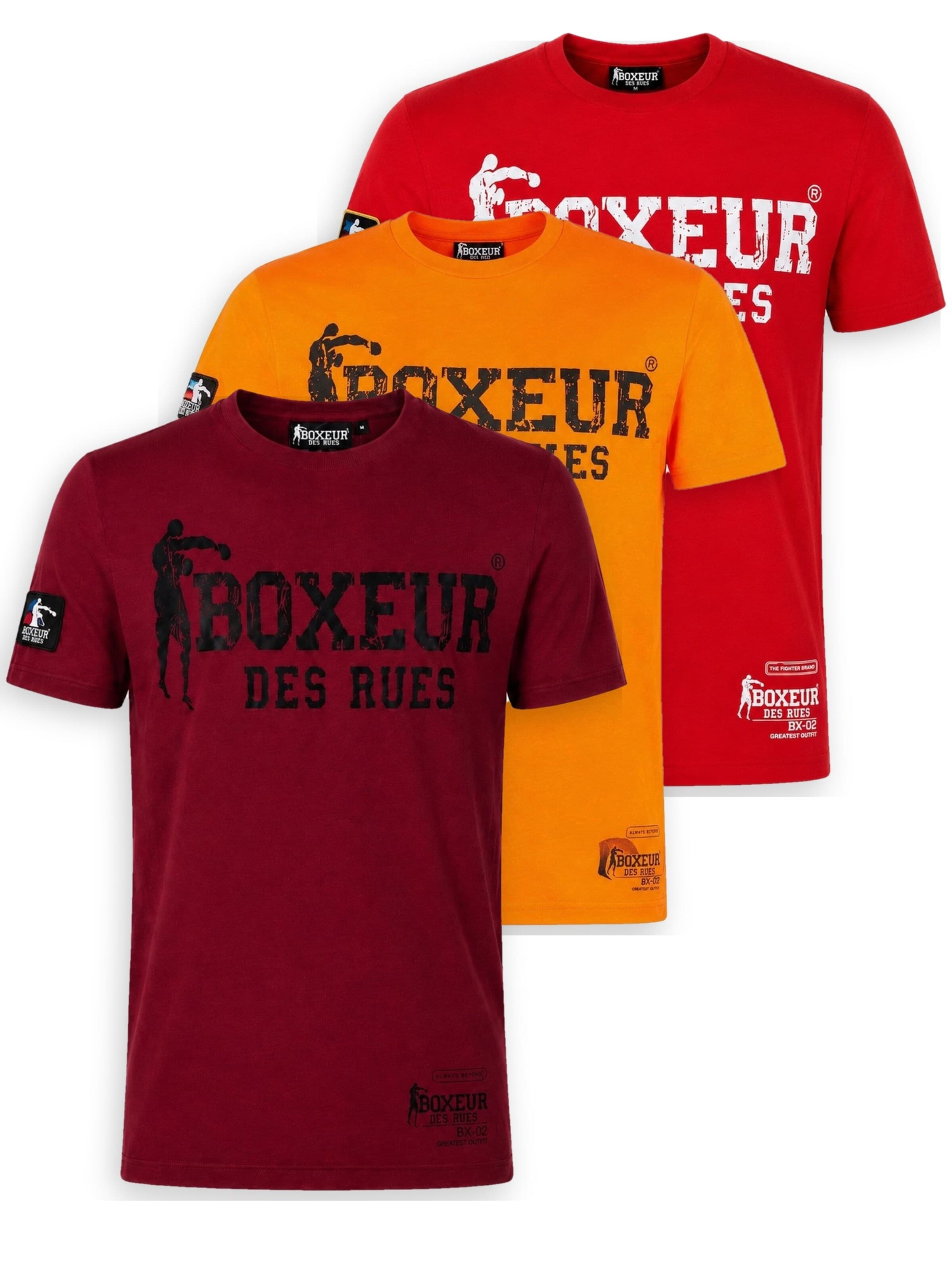 Boxeur des Rues Shirt 'Herren T-Shirt 3er-Pack Boxeur des Rues Slim Fit: Bordeaux, Schwarzes Logo + Orange, Schwarzes Logo + Rot, Weißes Logo'‌‌‌‌‌‌‌‌‌ in XS/Regular in mischfarben, Produktansicht