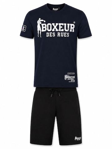 Boxeur des Rues - Traje para estar en casa 'Herren Set Boxeur des Rues: Baumwollshorts Schwarz + Slim-Fit T-Shirt Marineblau, Weißes Logo' en azul: frente