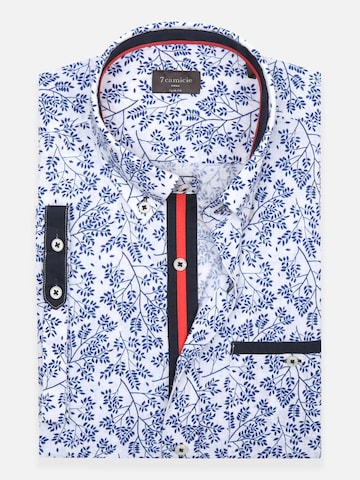 7Camicie Slim fit Zakelijk overhemd 'Iconic Linen Man Shirt Short Sleeve White Blue' in Wit